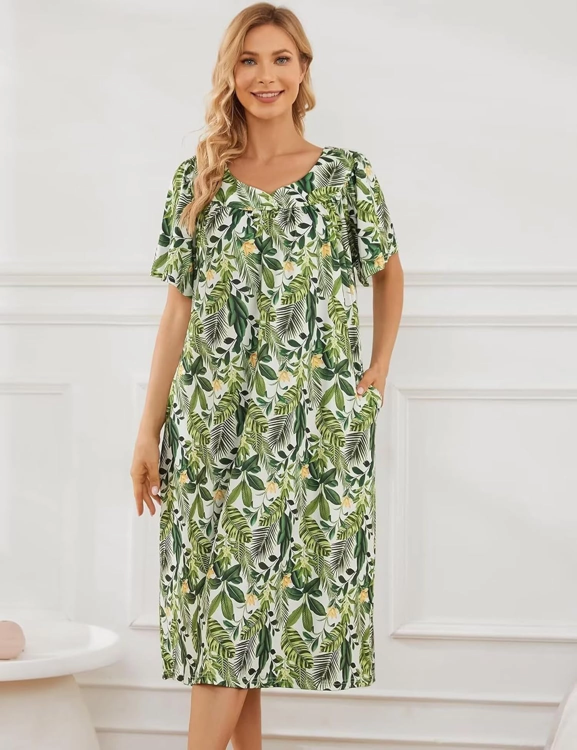 Muumuu House Dresses for Women Nightgown Duster Moomoo Short Sleeve Patio Dress with Pockets S-3XL
