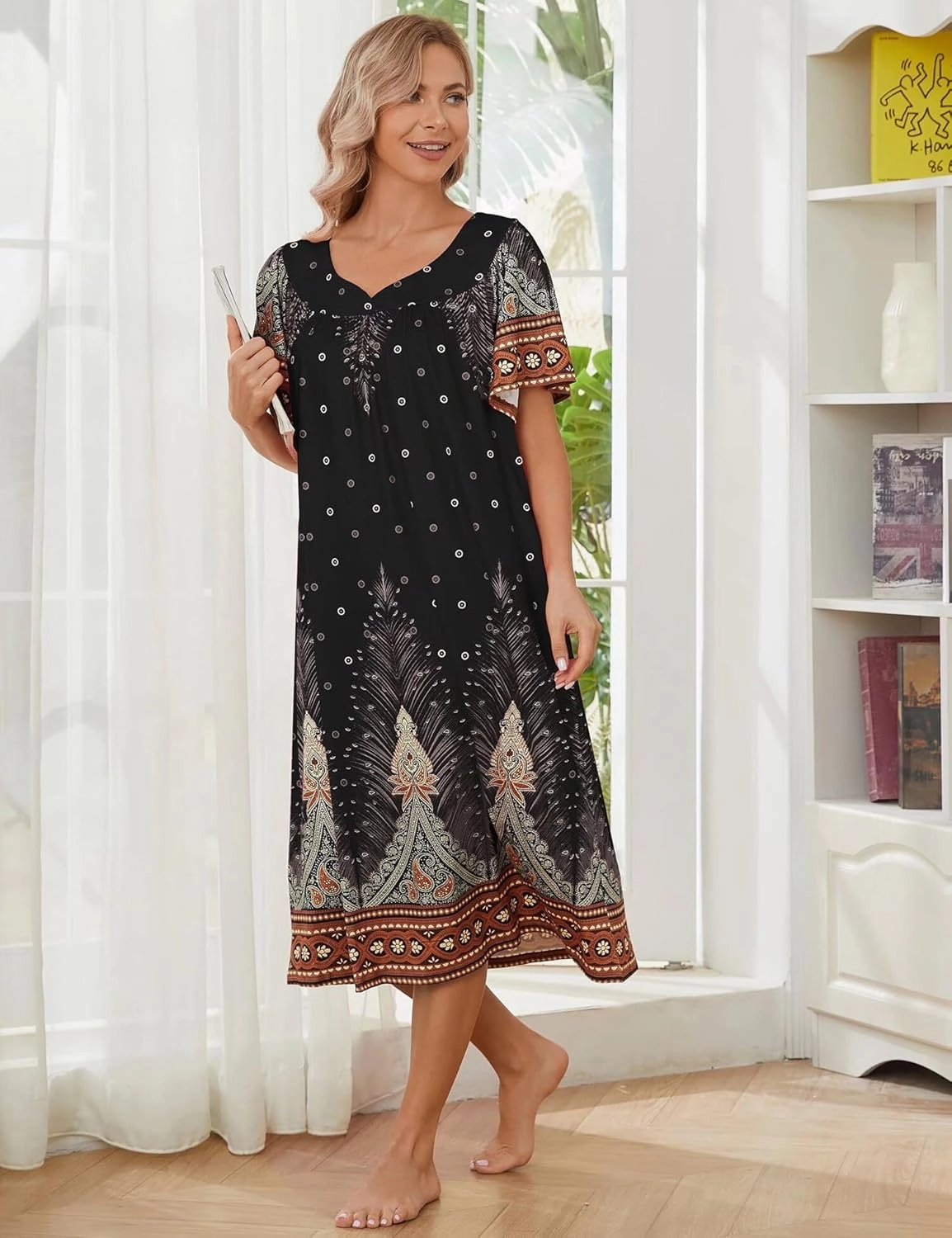 Muumuu House Dresses for Women Nightgown Duster Moomoo Short Sleeve Patio Dress with Pockets S-3XL