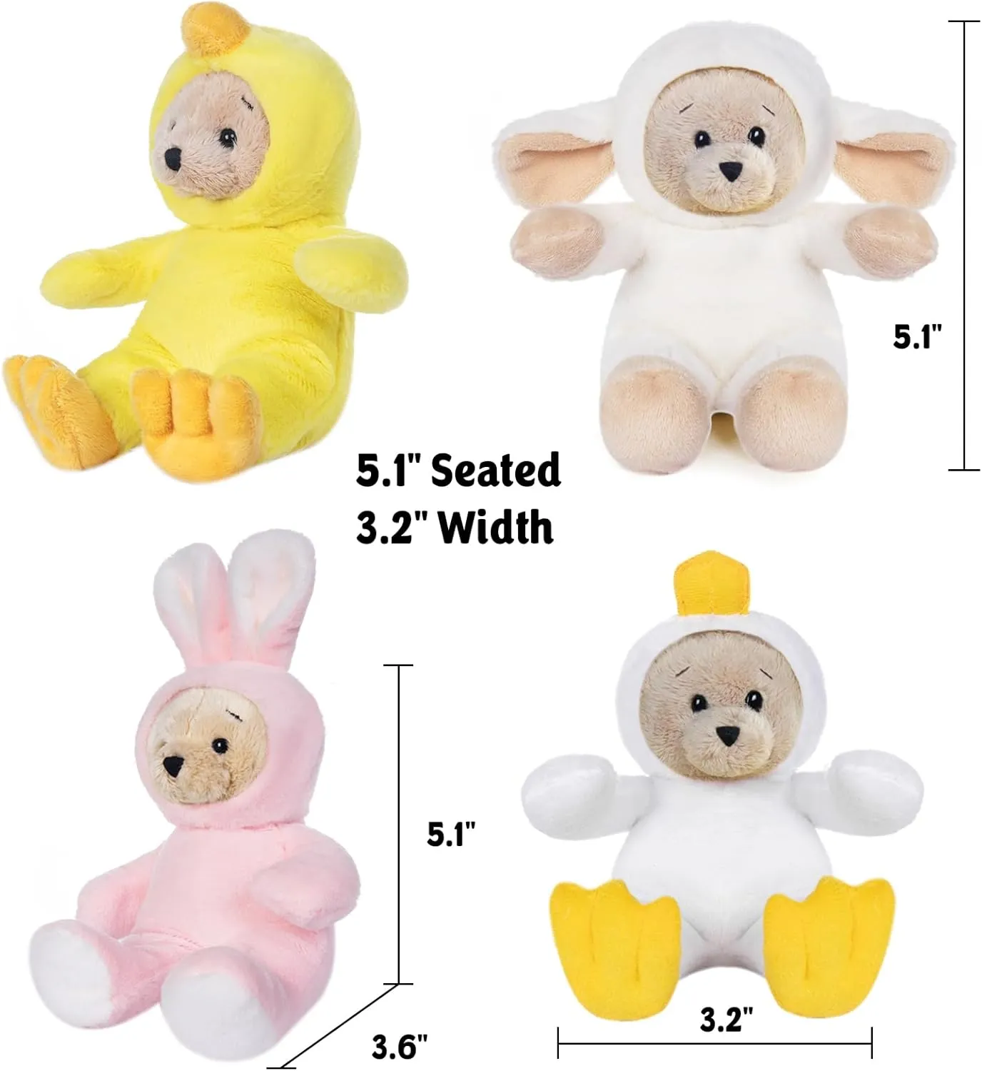 My OLi 7" Plush Teddy Bears Pack of 4 Costumed Bears Stuffed Animal Toy Set: Bunny Chicken Duck and Sheep with Flippable Hats Gifts for Babies Kids Boys Girls