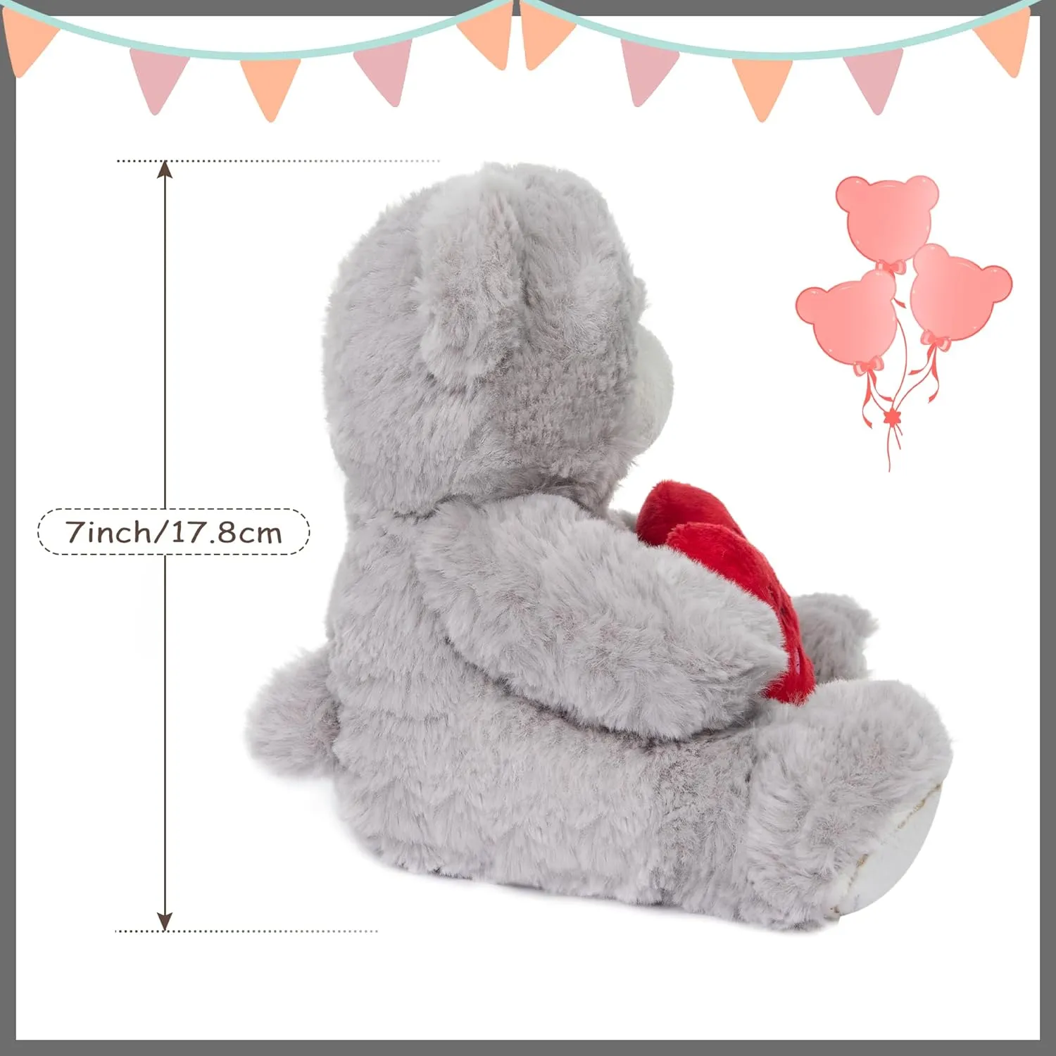 My OLi Stuffed Bear Animals with Red Heart 7” Plush Teddy Bear Toys Valentines Bear for Babies Girlfriend Wife Mom Gray