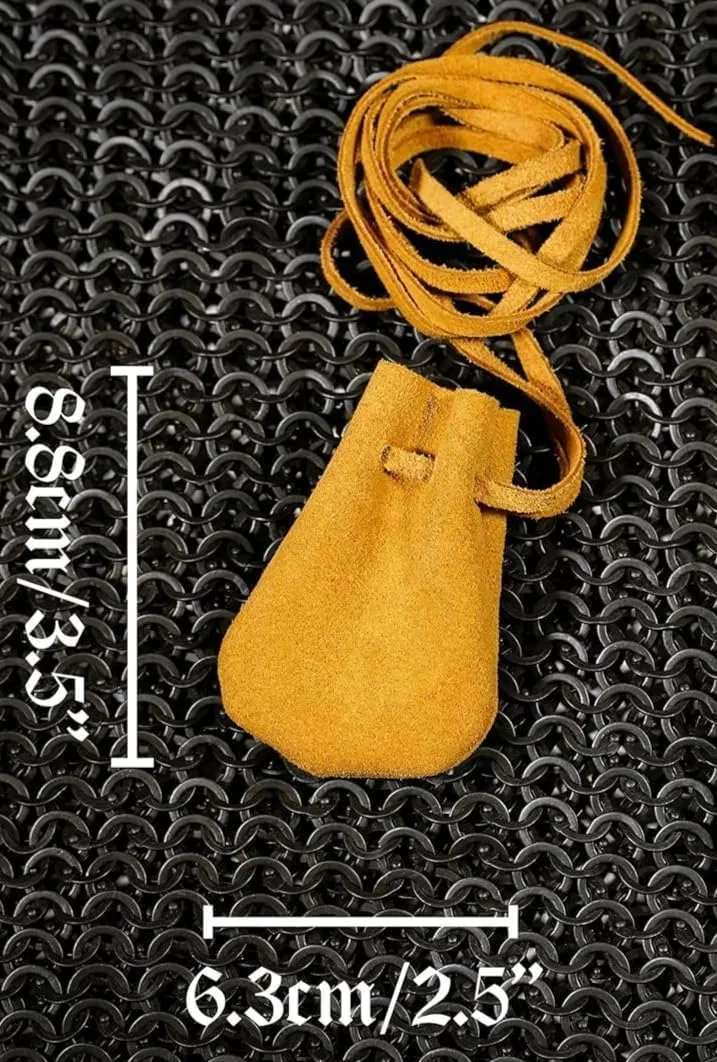 Mythrojan Trinket Bags, Coin Dice Medieval Purses, Drawstring Medicine Bag Suede Leather Pouches Viking Knight Waist Pouch for Historical Reenactments, LARP, SCA, Medieval Events - Set of 4, Yellow