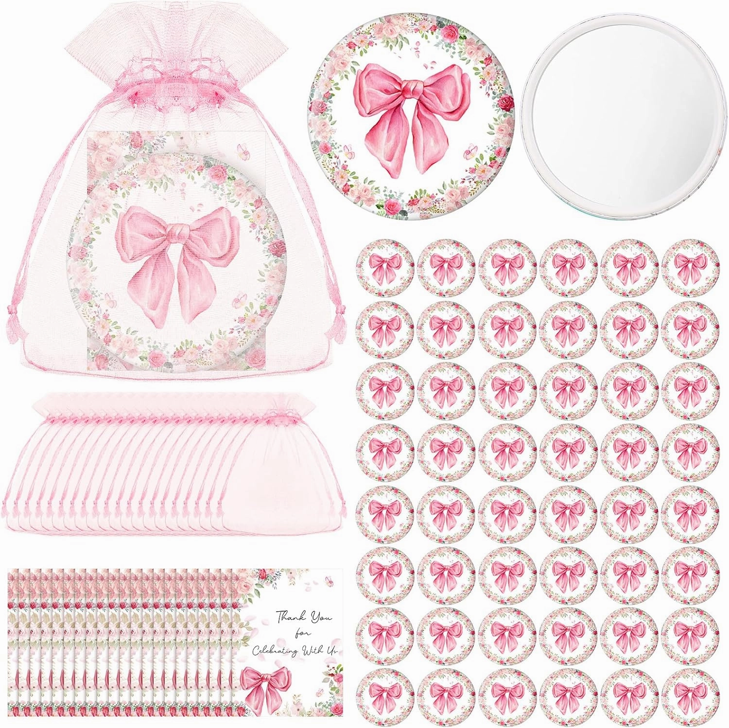 Namalu 48 Sets Coquette Pink Bow Compact Mirror Bulk and Thank You Pink Bow Cards and Organza Bags for Bridal Wedding Baby Shower Party Favors Guests Appreciation Gifts Gender Reveal Party Supplies