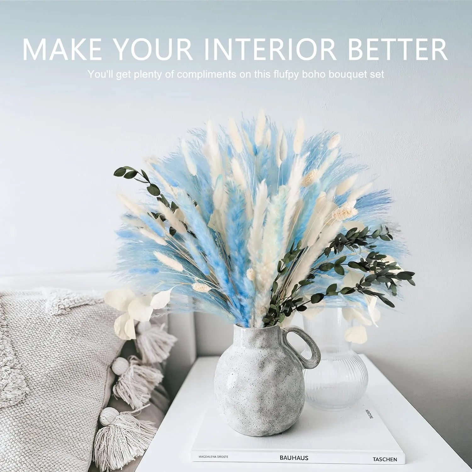 N&T Netting 101Pcs Natural Dried Pampas Grass Blue & Light Blue; Boho Home Decor Floral Pampas Grass for Home, Wedding & Beach Theme
