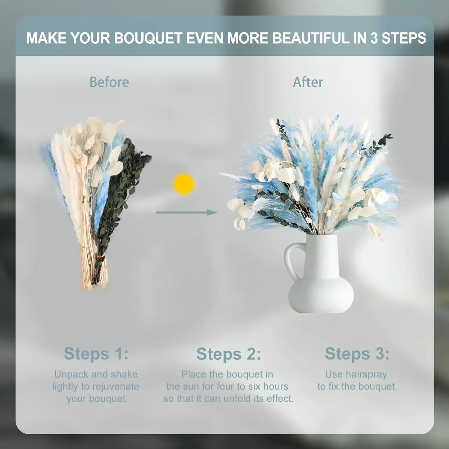 N&T Netting 101Pcs Natural Dried Pampas Grass Blue & Light Blue; Boho Home Decor Floral Pampas Grass for Home, Wedding & Beach Theme