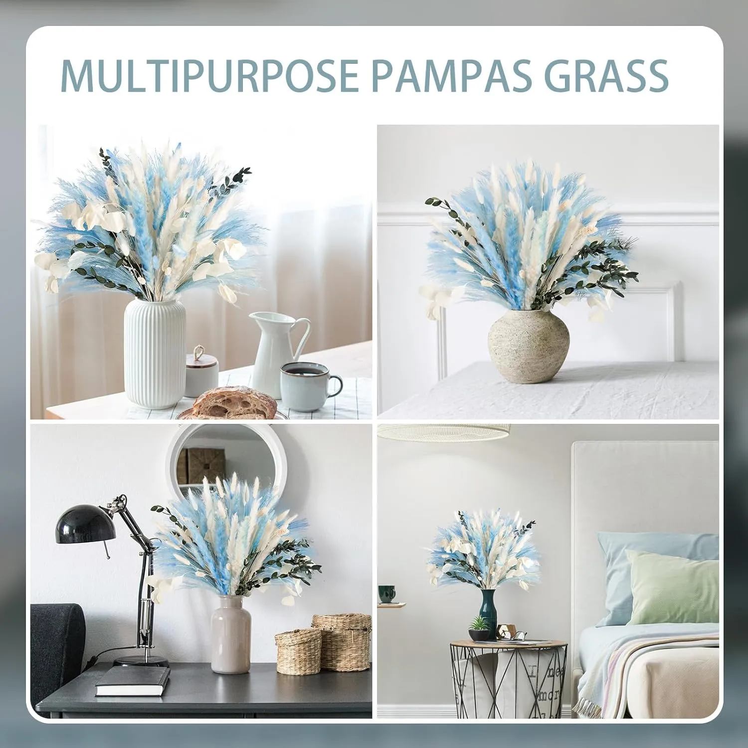 N&T Netting 101Pcs Natural Dried Pampas Grass Blue & Light Blue; Boho Home Decor Floral Pampas Grass for Home, Wedding & Beach Theme