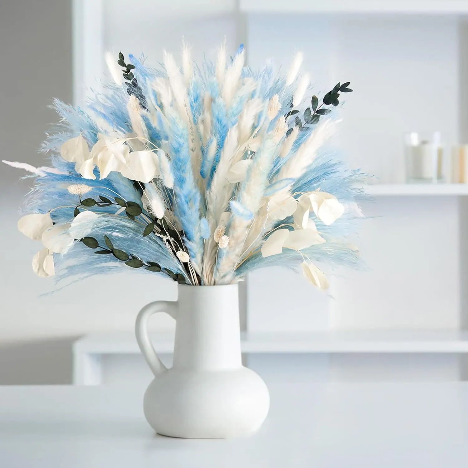 N&T Netting 101Pcs Natural Dried Pampas Grass Blue & Light Blue; Boho Home Decor Floral Pampas Grass for Home, Wedding & Beach Theme