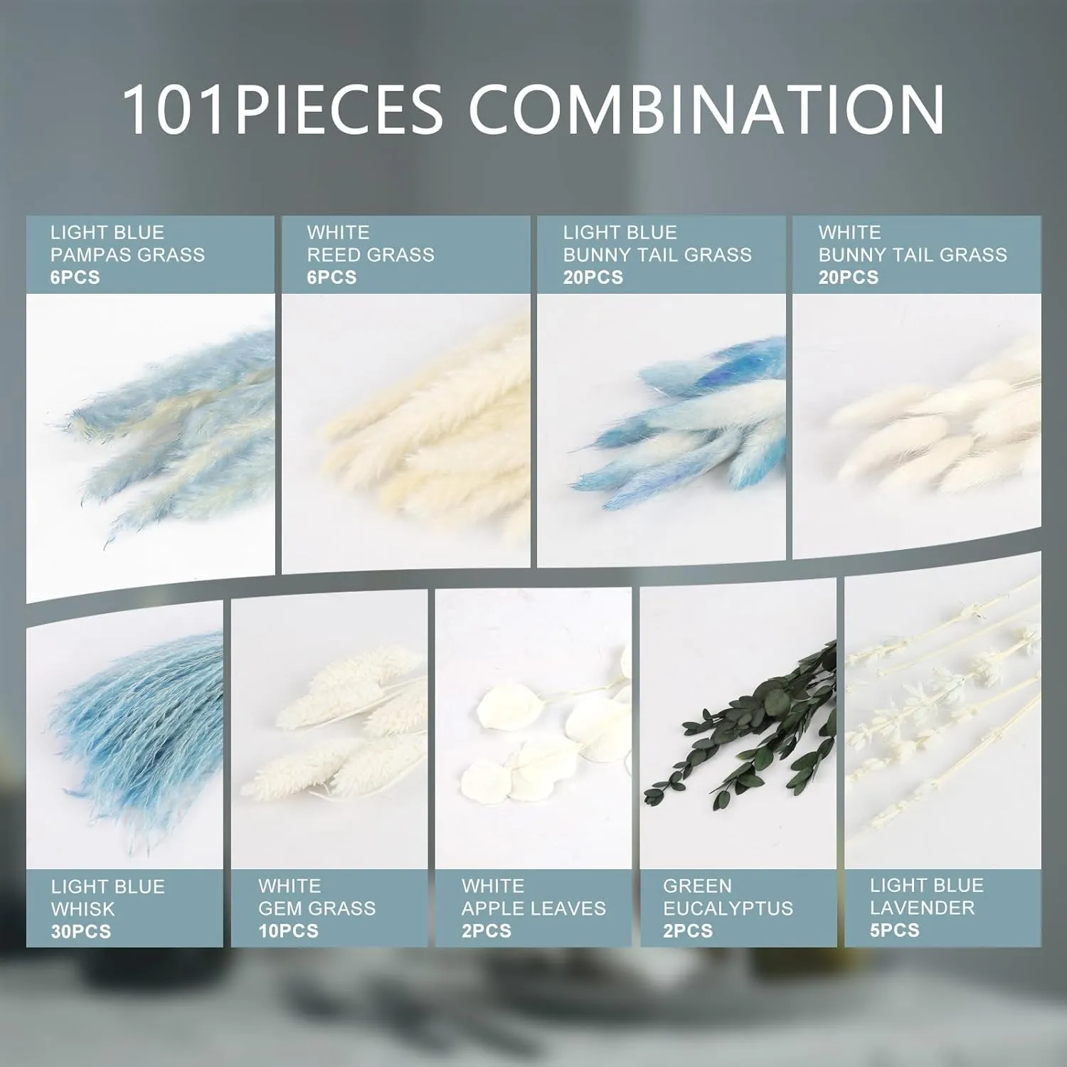 N&T Netting 101Pcs Natural Dried Pampas Grass Blue & Light Blue; Boho Home Decor Floral Pampas Grass for Home, Wedding & Beach Theme