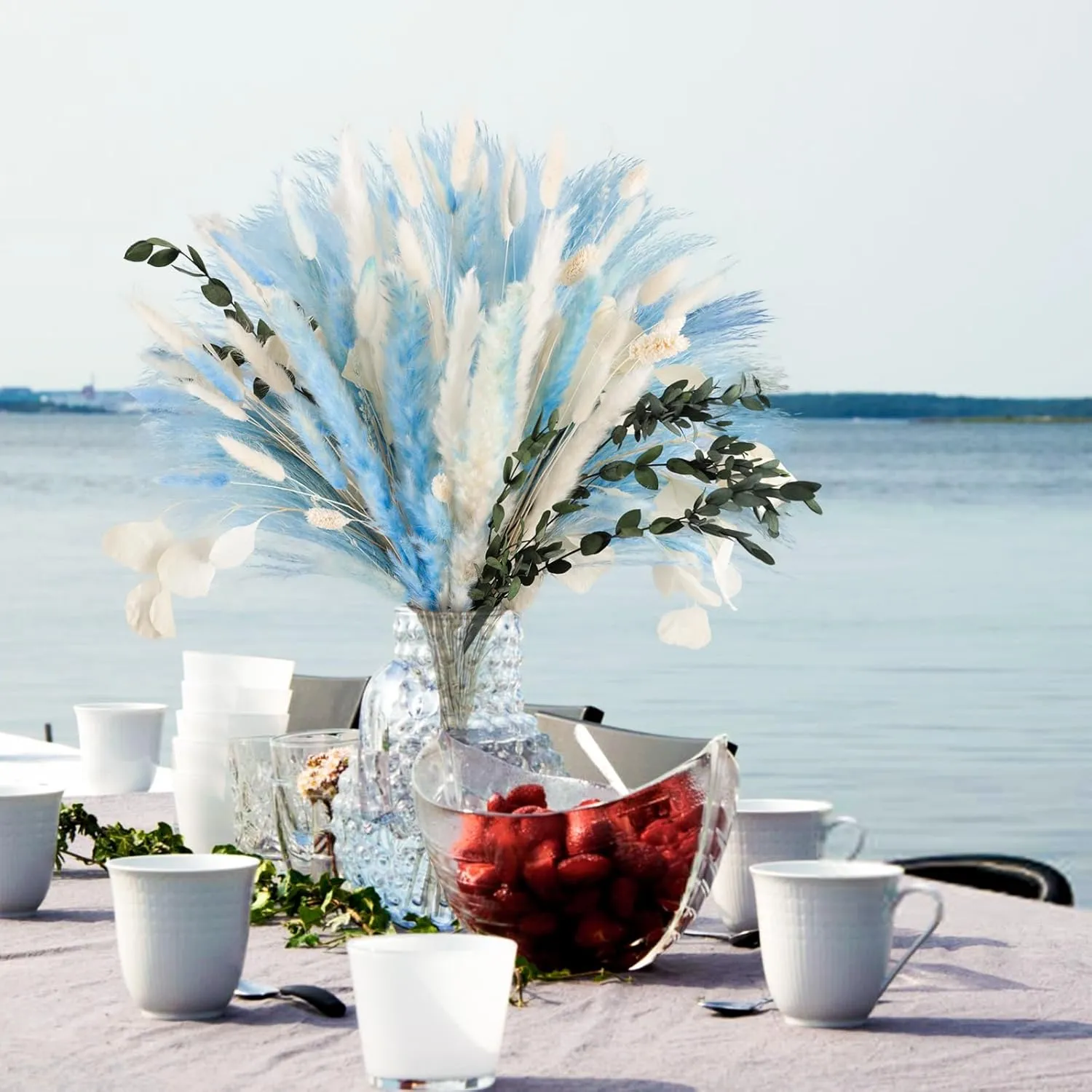 N&T Netting 101Pcs Natural Dried Pampas Grass Blue & Light Blue; Boho Home Decor Floral Pampas Grass for Home, Wedding & Beach Theme