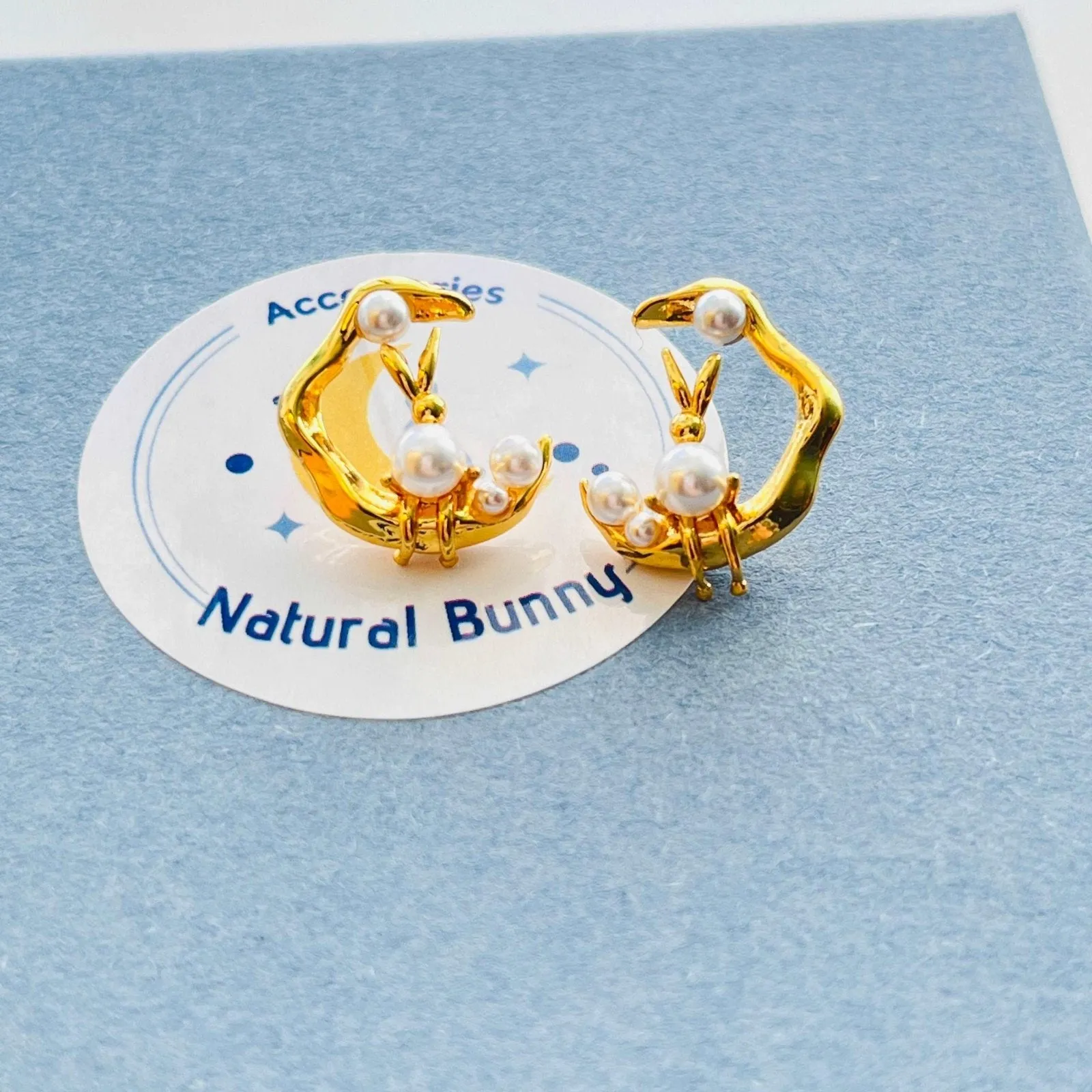 Natural Bunny In The Moon Stud Earrings
