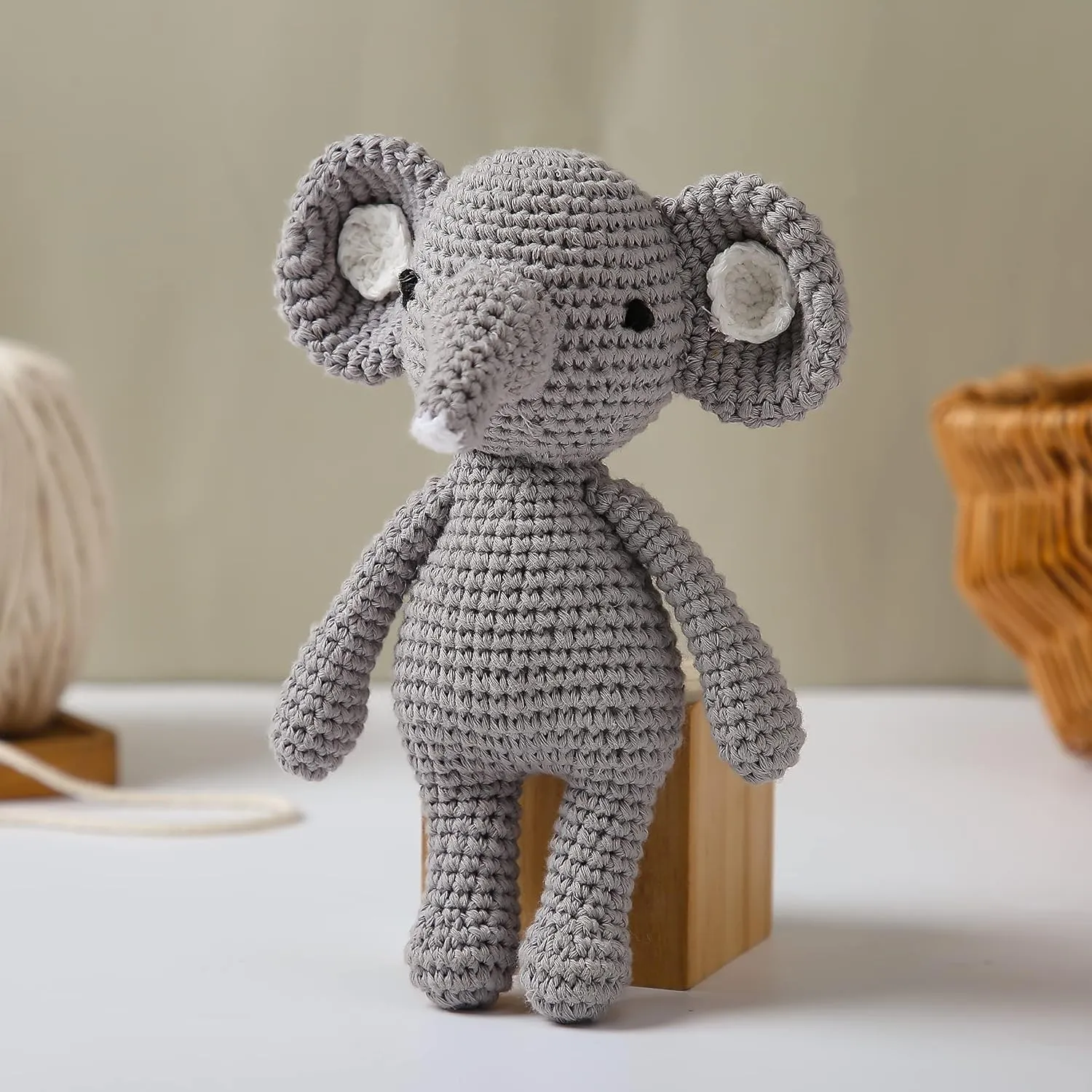 Natural Crochet Stuffed Elephant Animal for Babies Newborn Knitted Doll Baby Rattle Soft Cotton Sleep Toy Baby First Friend Gift for Baby Shower, Christmas, Birthday