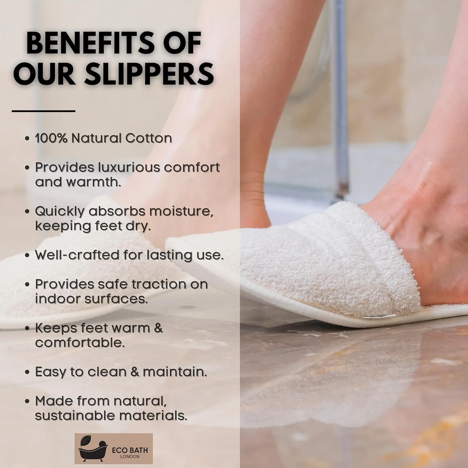 Natural Toweling Slippers - GOTS Certified 100% Organic Cotton, Ultra Soft, Machine Washable Indoor Slippers for Bath and Home L Size UK(8-9) US (10-11)