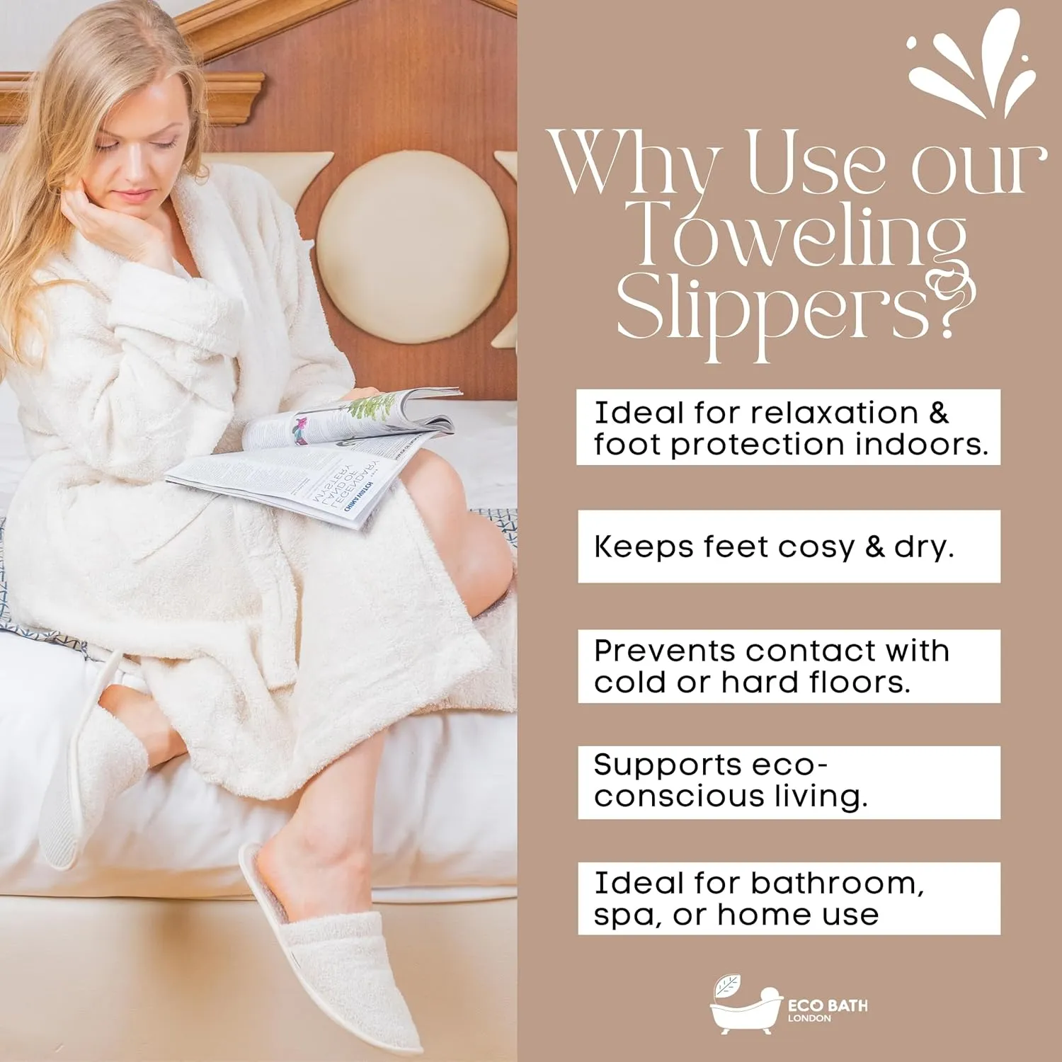 Natural Toweling Slippers - GOTS Certified 100% Organic Cotton, Ultra Soft, Machine Washable Indoor Slippers for Bath and Home L Size UK(8-9) US (10-11)