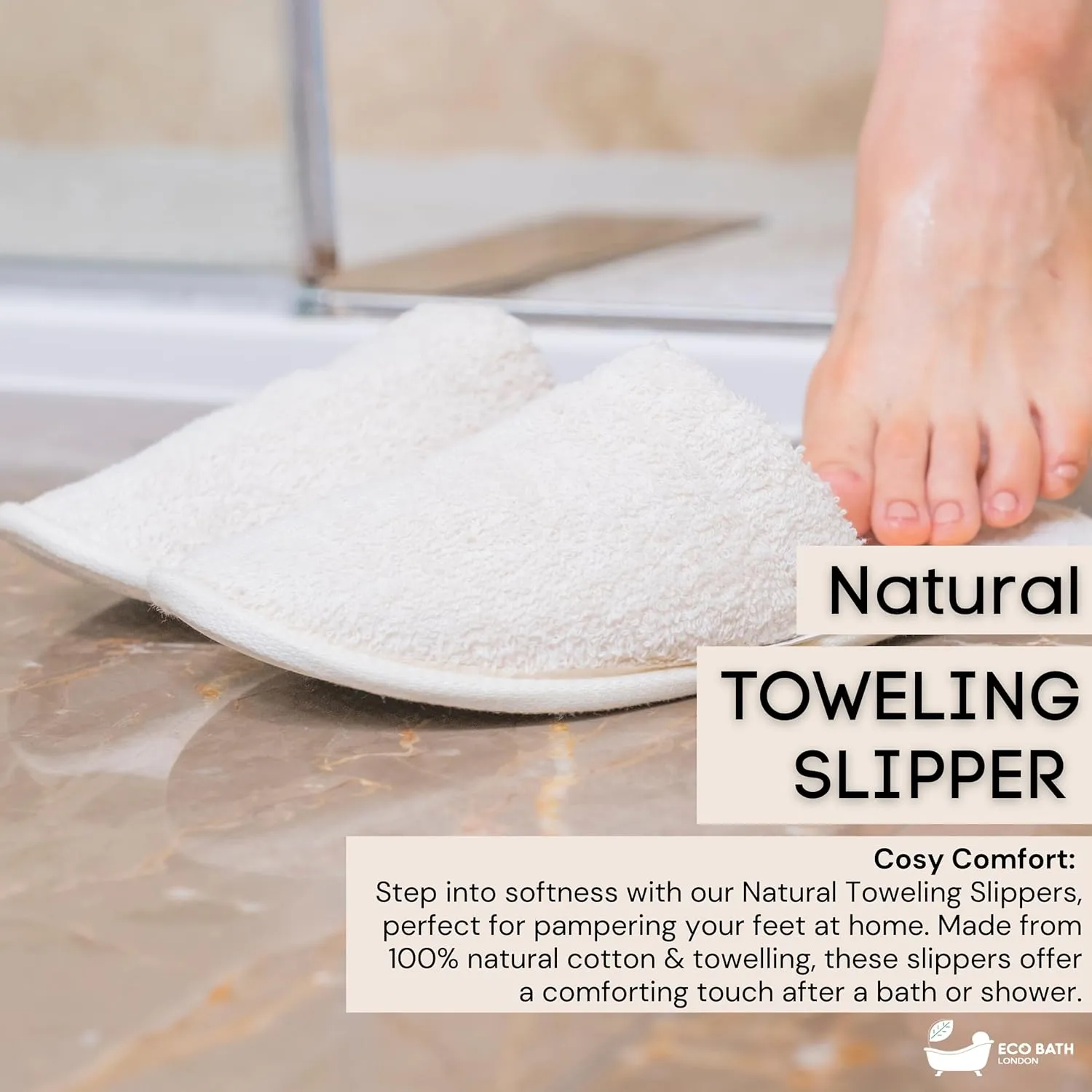 Natural Toweling Slippers - GOTS Certified 100% Organic Cotton, Ultra Soft, Machine Washable Indoor Slippers for Bath and Home L Size UK(8-9) US (10-11)