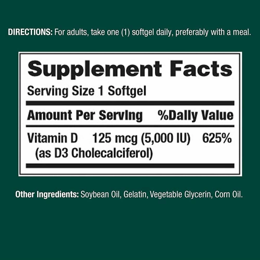 Nature's Bounty Vitamin D3 125 mcg-5000 IU Softgels, Maximum Strength 150 ea ( Pack of 3)