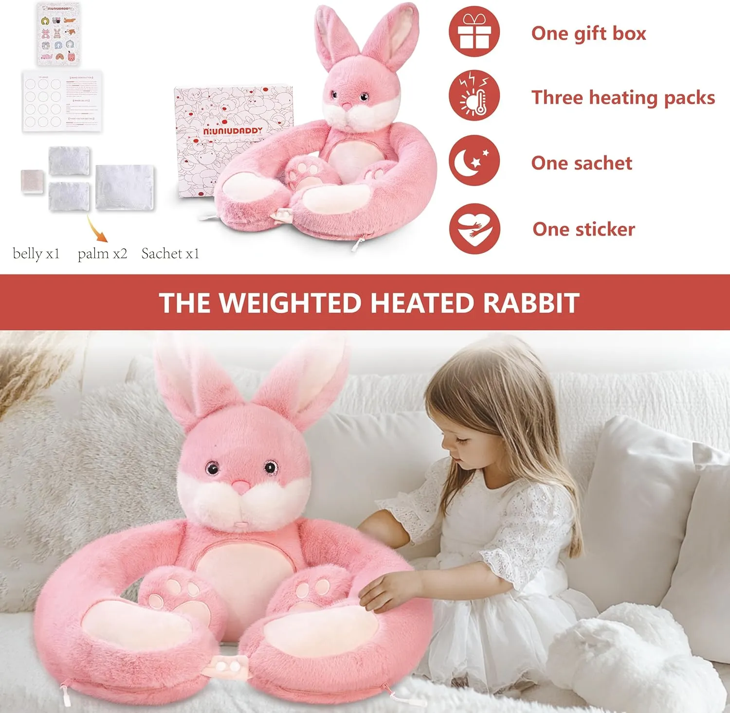 Niuniu Daddy 4LBS| Bunny Heatable Weighted Stuffed Animals, Rabbit Microwave Plush Lavender Scented with Heating Pads, Heated Plushy Toy with Unscented for Girls Women Birthday Christmas Holiday