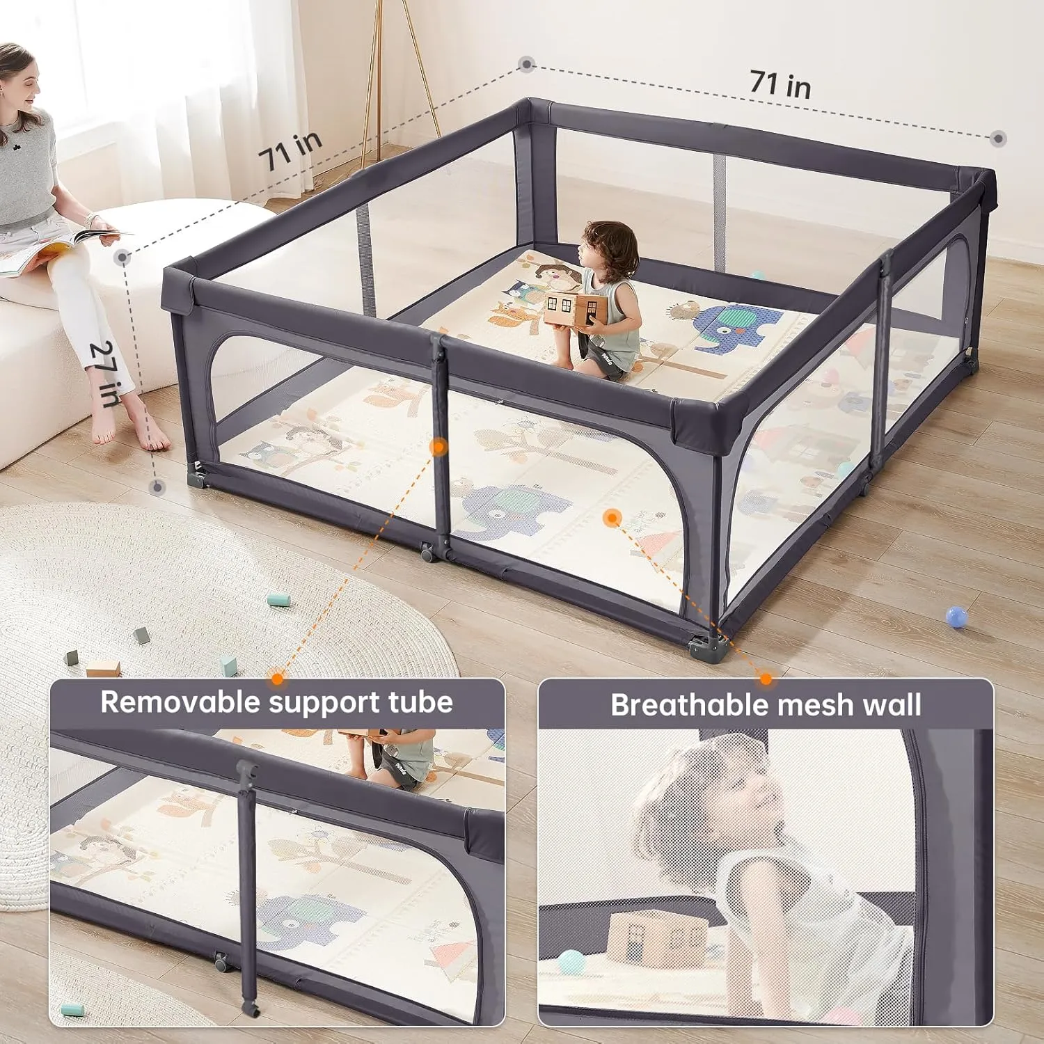 No Assembly Foldable Baby Playpen for Infants & Toddlers, Extra Large Portable Playard with Breathable Mesh, Compact Travel Play Yard Indoor Outdoor Safety Gate Instant Setup Play Pen