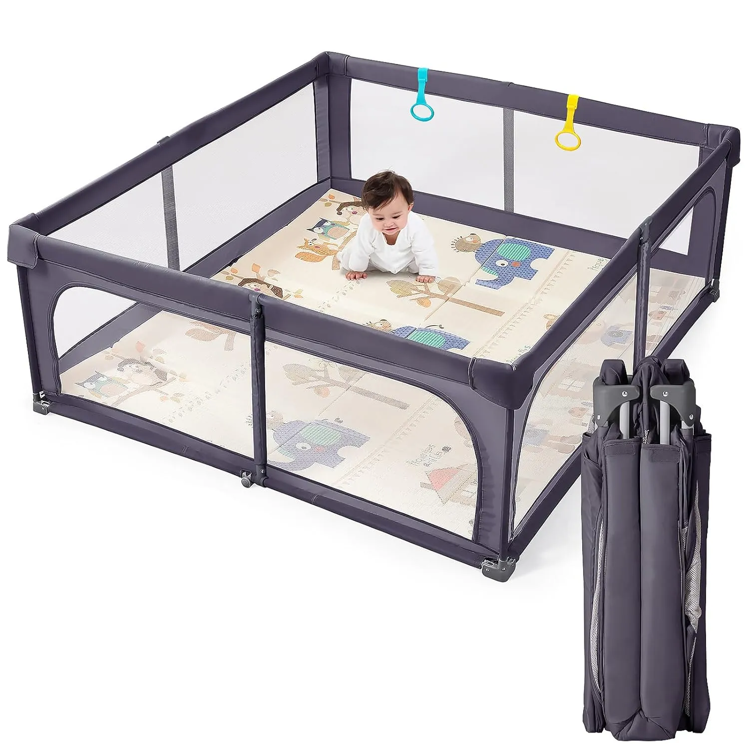No Assembly Foldable Baby Playpen for Infants & Toddlers, Extra Large Portable Playard with Breathable Mesh, Compact Travel Play Yard Indoor Outdoor Safety Gate Instant Setup Play Pen