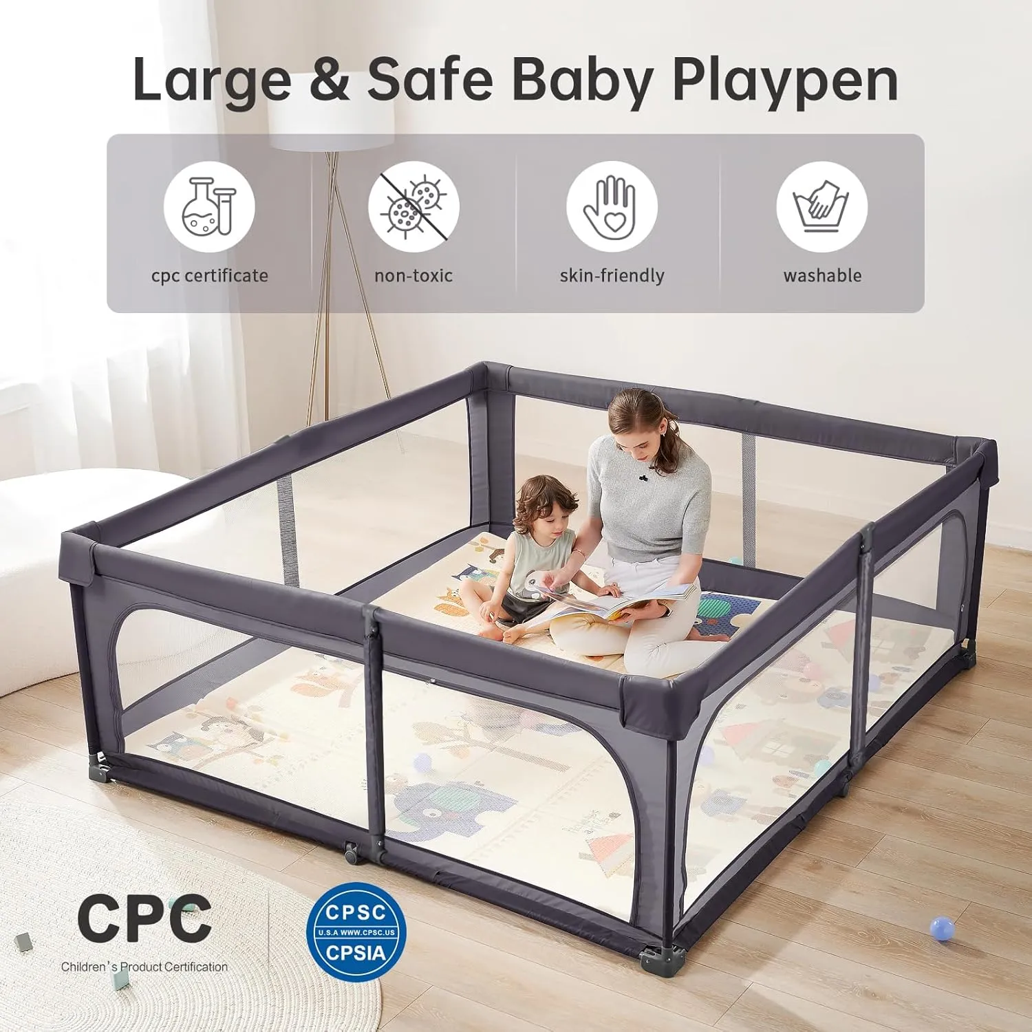 No Assembly Foldable Baby Playpen for Infants & Toddlers, Extra Large Portable Playard with Breathable Mesh, Compact Travel Play Yard Indoor Outdoor Safety Gate Instant Setup Play Pen