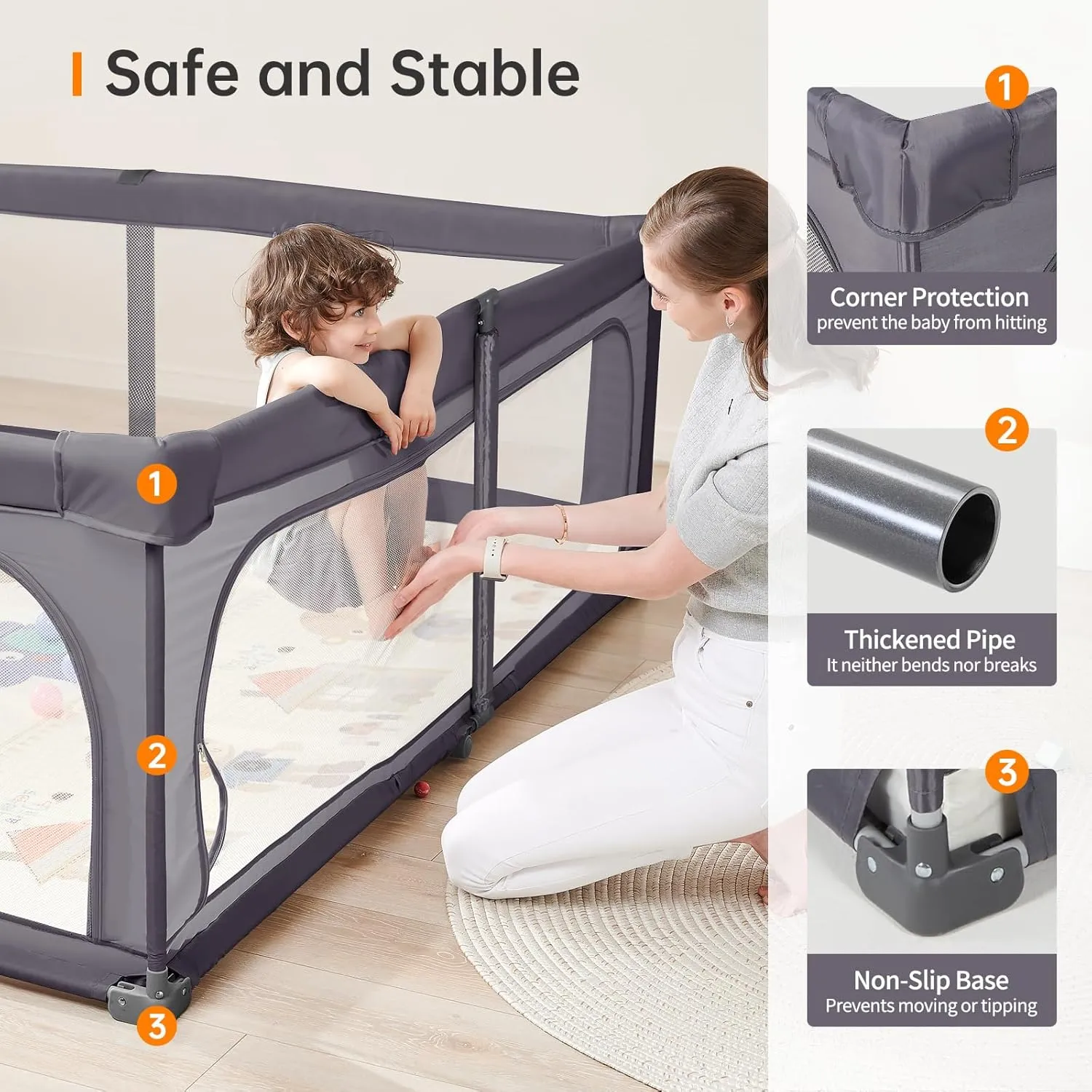 No Assembly Foldable Baby Playpen for Infants & Toddlers, Extra Large Portable Playard with Breathable Mesh, Compact Travel Play Yard Indoor Outdoor Safety Gate Instant Setup Play Pen