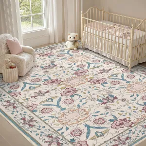 Nursery Rug 8x10 for Kids & Girls - Washable Vintage Large Floral Area Rugs - Ultra Thin Stain Resistant Non Slip Carpets for Kids Playroom, Living Room, Bedroom, Dining Room, Office - Floral Multi