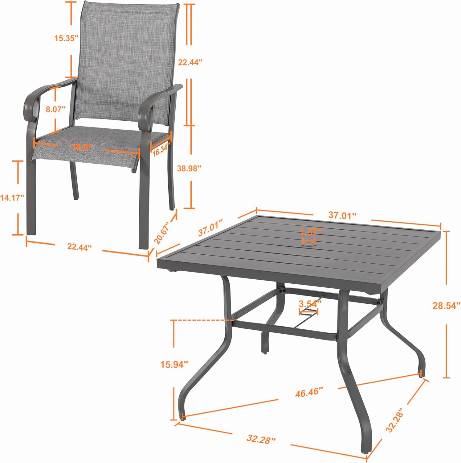 NUU GARDEN Outdoor Patio Dining Set 5 Piece Furniture Set Including Square Outdoor Dining Table with 1.57" Umbrella Hole and 4 Gray Textilene Chairs for Garden, Patio and Poolside Backyards