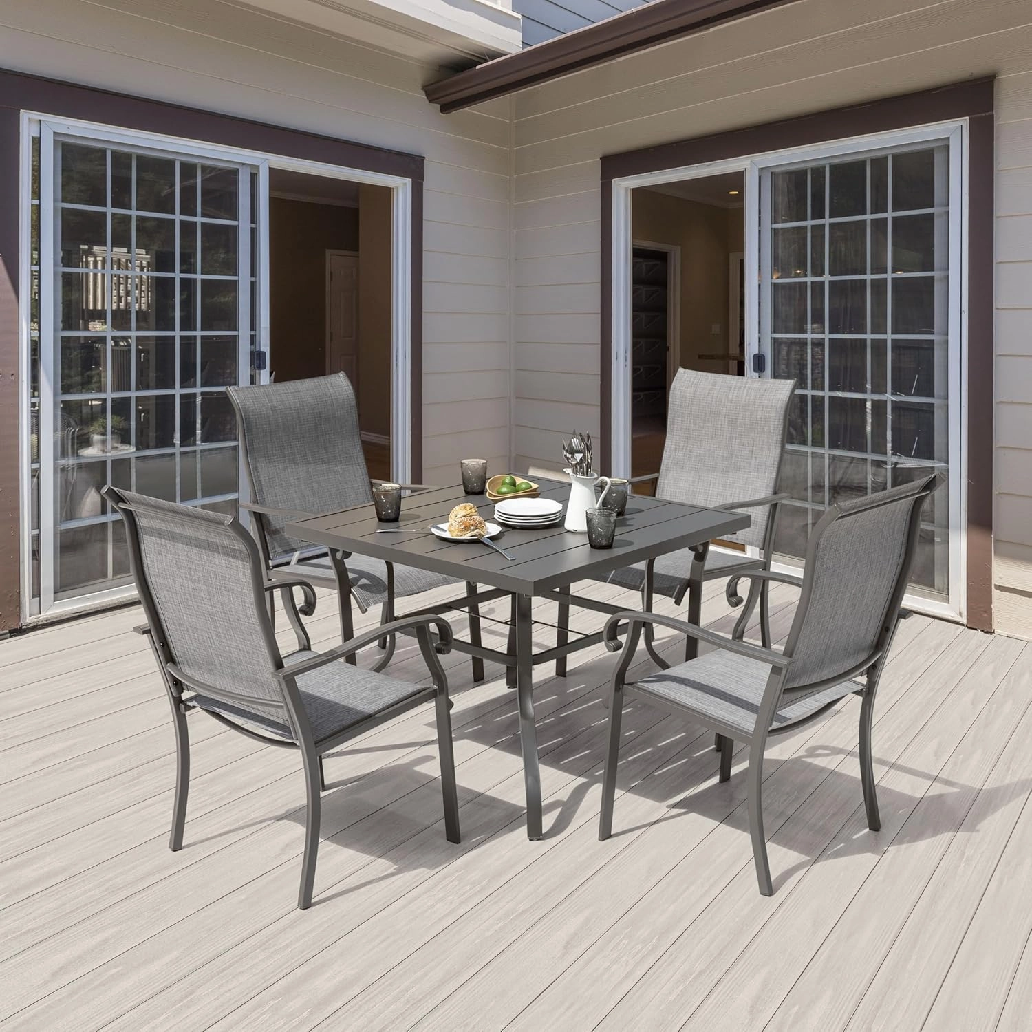 NUU GARDEN Outdoor Patio Dining Set 5 Piece Furniture Set Including Square Outdoor Dining Table with 1.57" Umbrella Hole and 4 Gray Textilene Chairs for Garden, Patio and Poolside Backyards