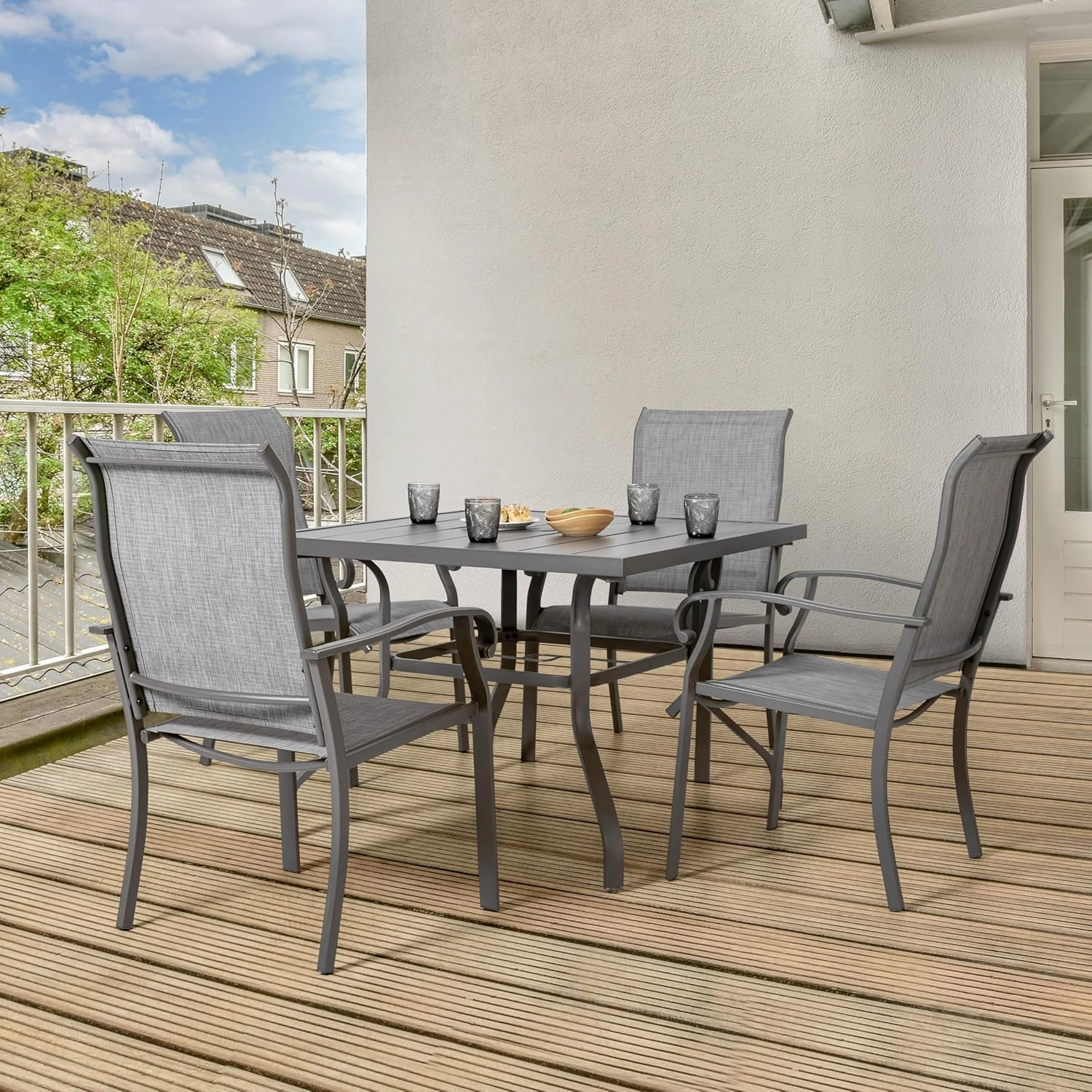 NUU GARDEN Outdoor Patio Dining Set 5 Piece Furniture Set Including Square Outdoor Dining Table with 1.57" Umbrella Hole and 4 Gray Textilene Chairs for Garden, Patio and Poolside Backyards
