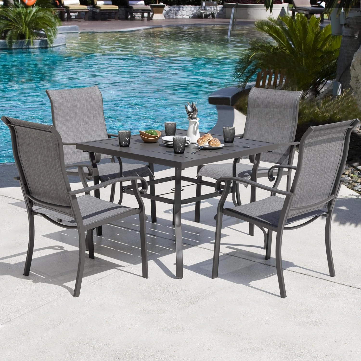 NUU GARDEN Outdoor Patio Dining Set 5 Piece Furniture Set Including Square Outdoor Dining Table with 1.57" Umbrella Hole and 4 Gray Textilene Chairs for Garden, Patio and Poolside Backyards