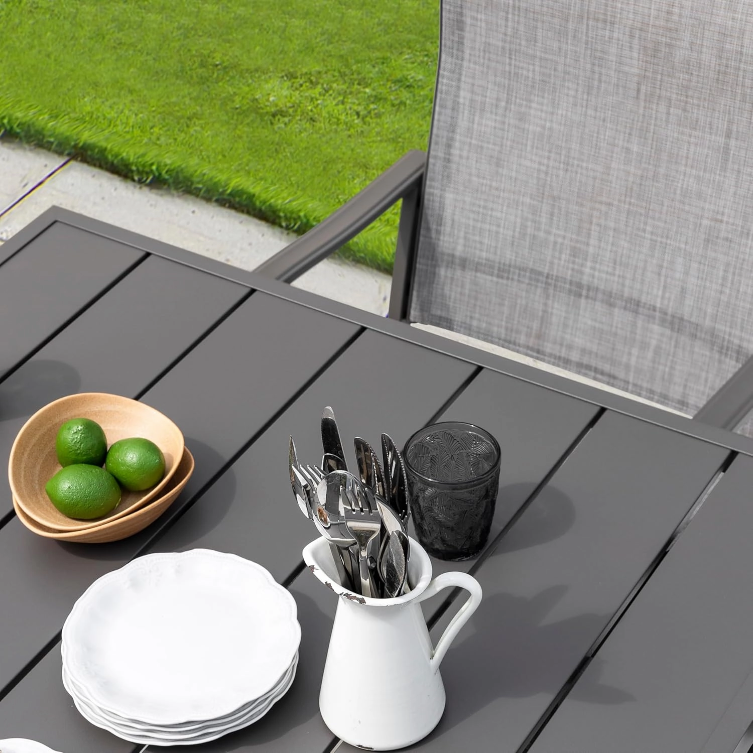 NUU GARDEN Outdoor Patio Dining Set 5 Piece Furniture Set Including Square Outdoor Dining Table with 1.57" Umbrella Hole and 4 Gray Textilene Chairs for Garden, Patio and Poolside Backyards