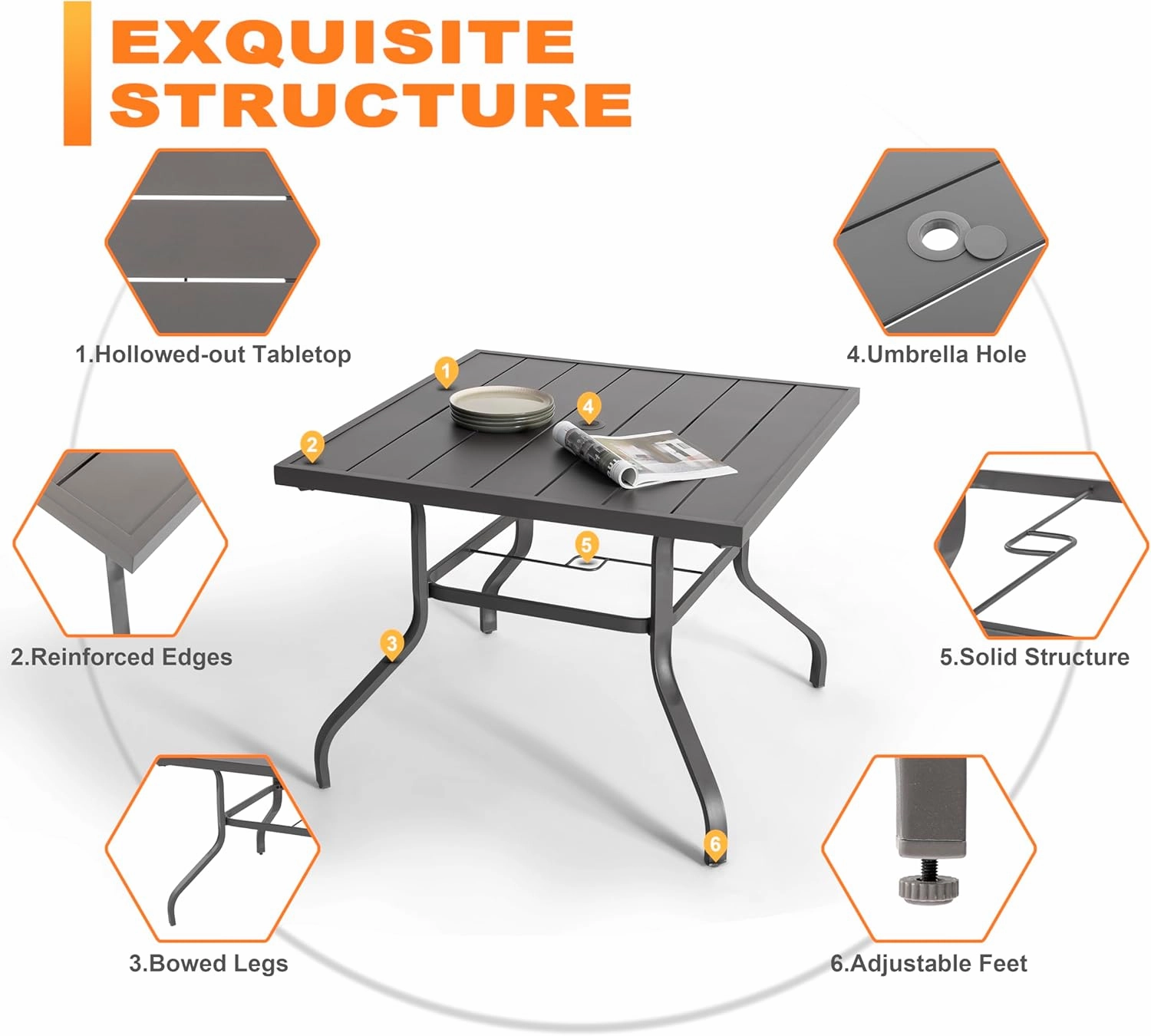 NUU GARDEN Outdoor Patio Dining Set 5 Piece Furniture Set Including Square Outdoor Dining Table with 1.57" Umbrella Hole and 4 Gray Textilene Chairs for Garden, Patio and Poolside Backyards