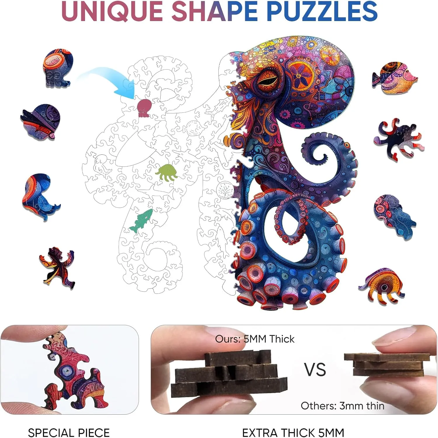 Octopus Puzzles for Adults, 5MM Thick Wooden Jigsaw Puzzles 200 Pieces, Unique Shape Puzzle Ocean Wood Puzzles for Adults and Kids Birthday Gifts Family Game 11.2 * 11.2inch