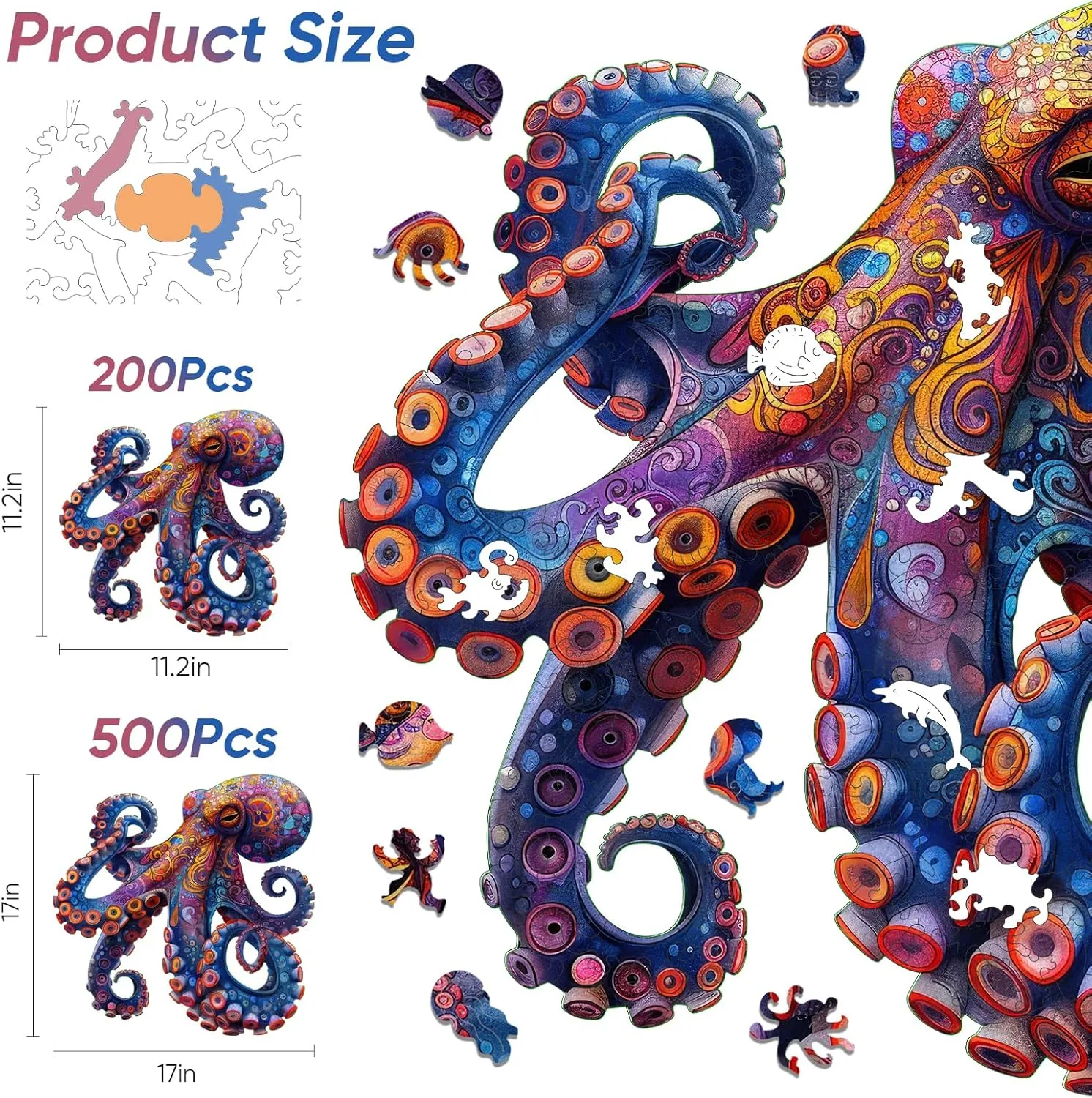 Octopus Puzzles for Adults, 5MM Thick Wooden Jigsaw Puzzles 200 Pieces, Unique Shape Puzzle Ocean Wood Puzzles for Adults and Kids Birthday Gifts Family Game 11.2 * 11.2inch