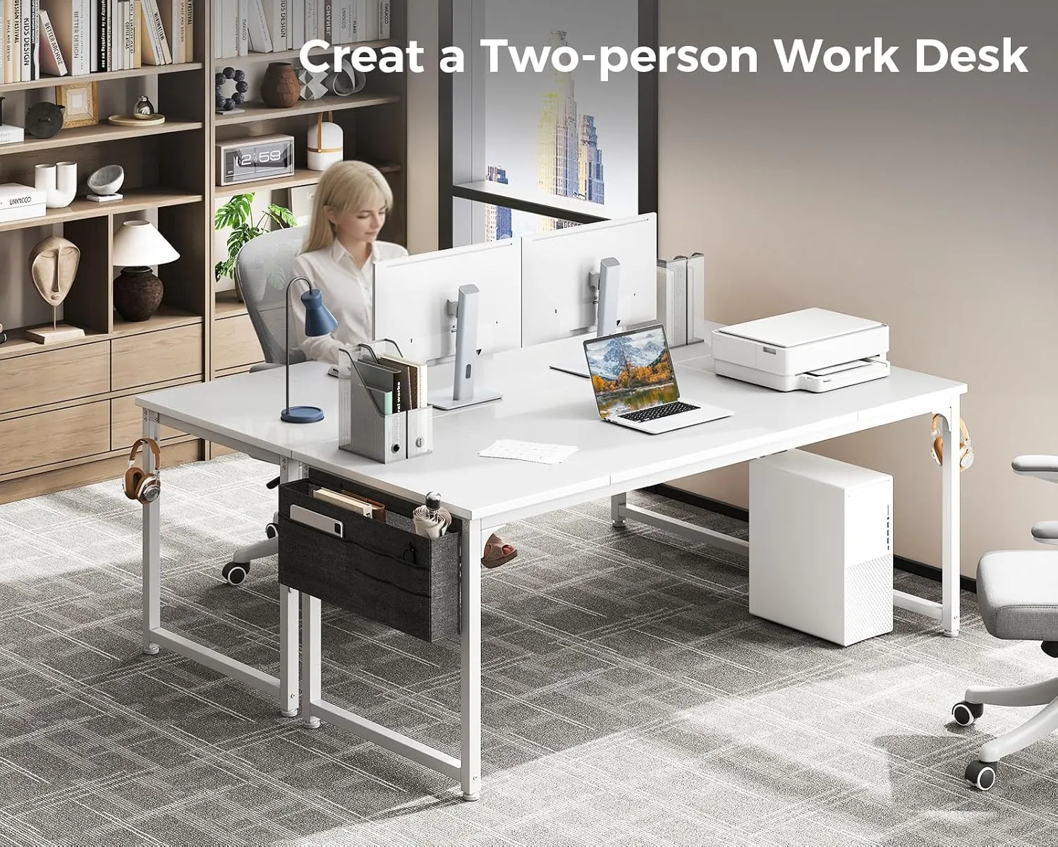ODK Computer Desk Large Office Desk, 63 Inch Gaming Desk with Storage, Modern PC Work Table with Headphone Hook for Home Office, Splice Board, White   White Leg
