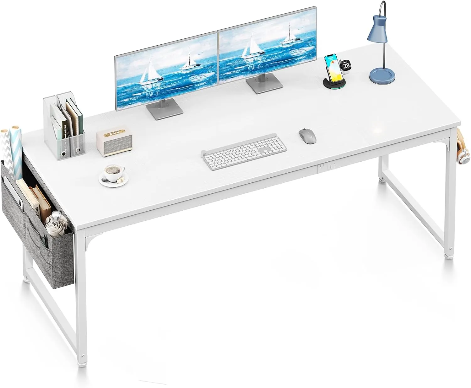 ODK Computer Desk Large Office Desk, 63 Inch Gaming Desk with Storage, Modern PC Work Table with Headphone Hook for Home Office, Splice Board, White   White Leg