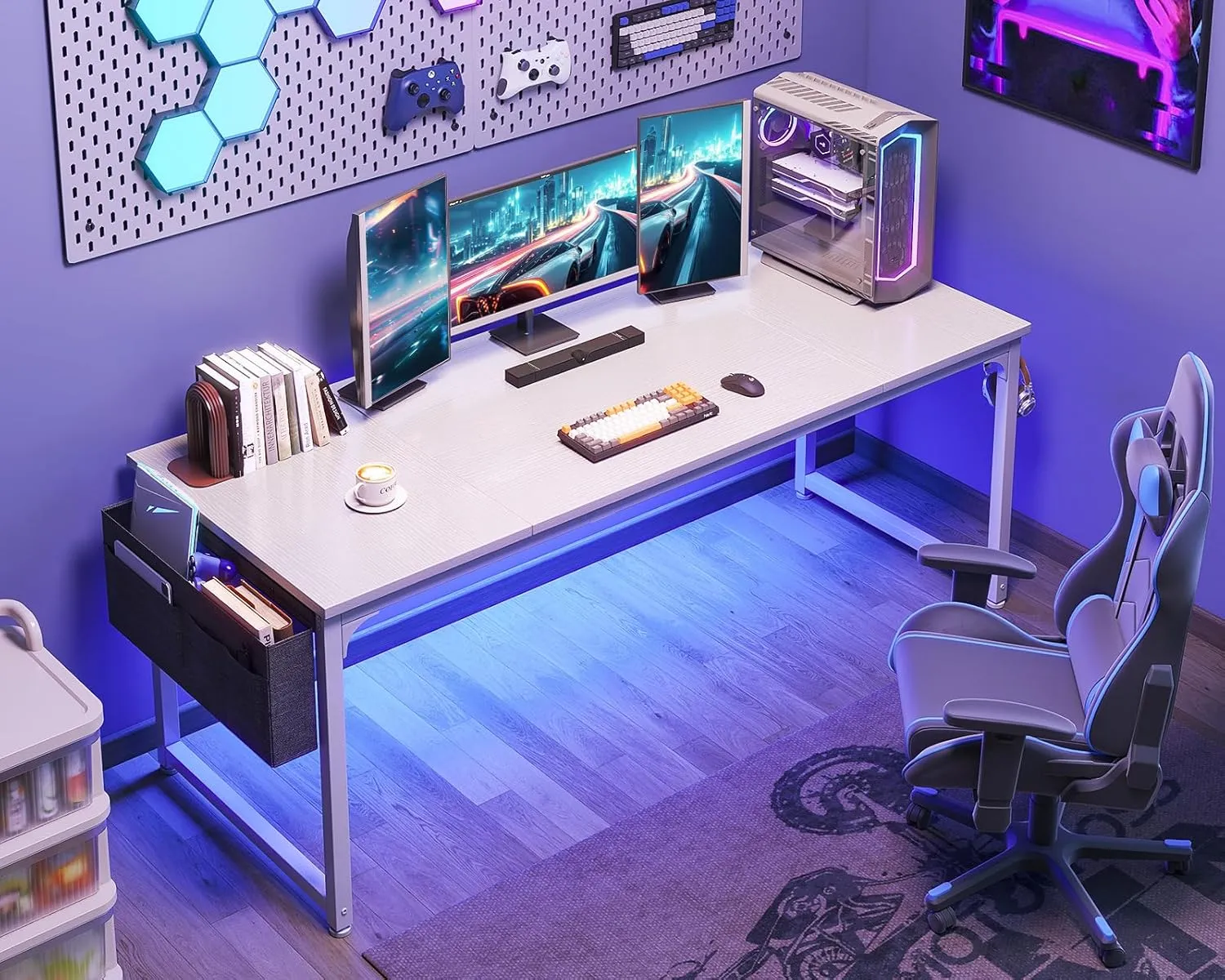 ODK Computer Desk Large Office Desk, 63 Inch Gaming Desk with Storage, Modern PC Work Table with Headphone Hook for Home Office, Splice Board, White   White Leg