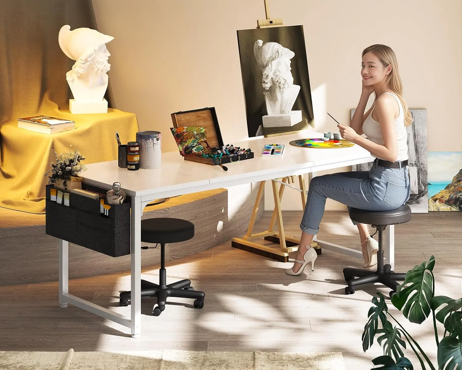 ODK Computer Desk Large Office Desk, 63 Inch Gaming Desk with Storage, Modern PC Work Table with Headphone Hook for Home Office, Splice Board, White   White Leg