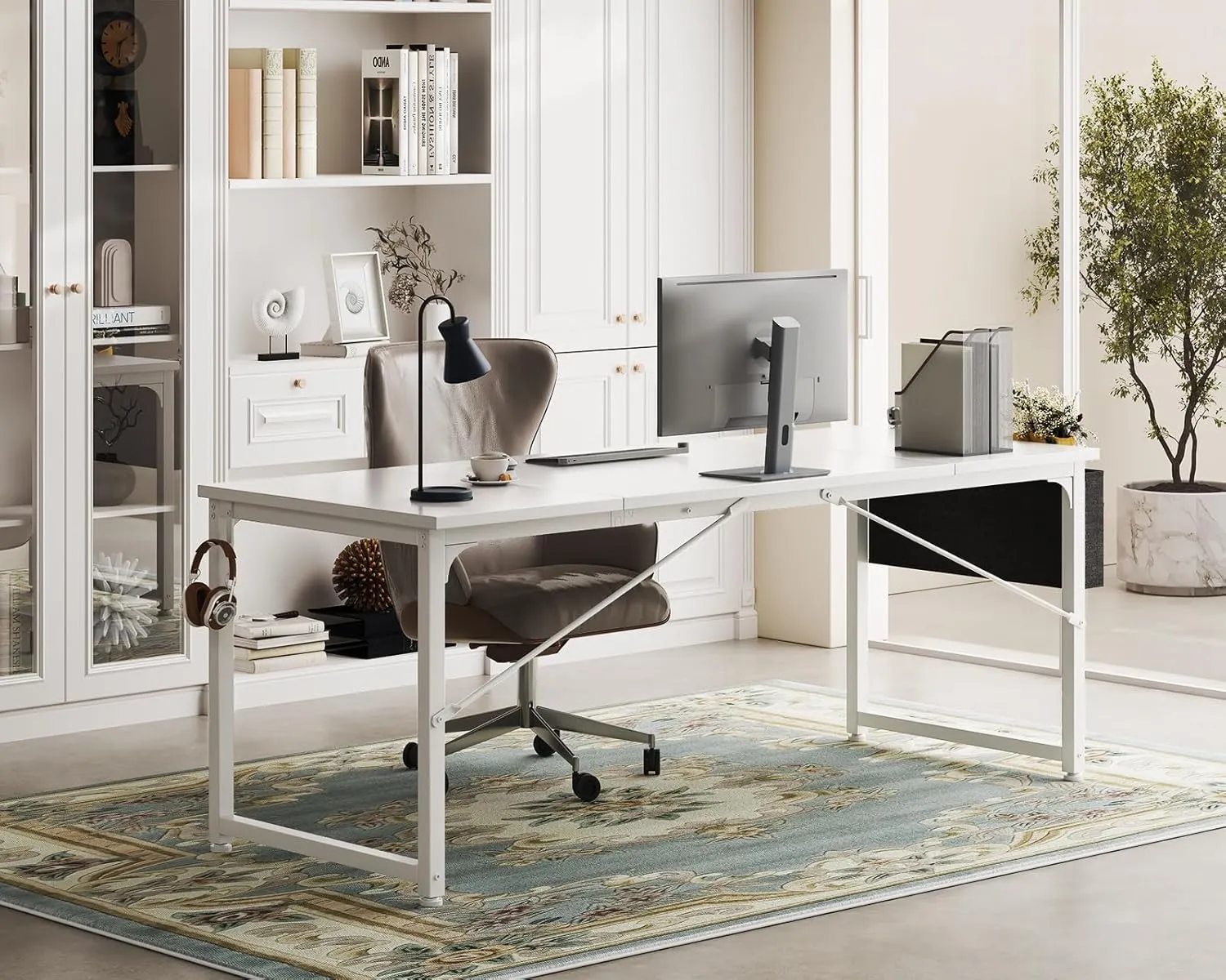 ODK Computer Desk Large Office Desk, 63 Inch Gaming Desk with Storage, Modern PC Work Table with Headphone Hook for Home Office, Splice Board, White   White Leg