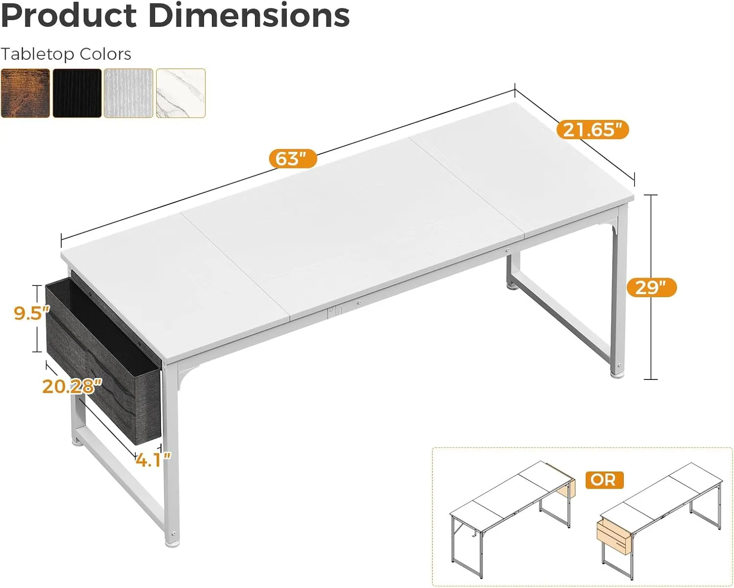 ODK Computer Desk Large Office Desk, 63 Inch Gaming Desk with Storage, Modern PC Work Table with Headphone Hook for Home Office, Splice Board, White   White Leg