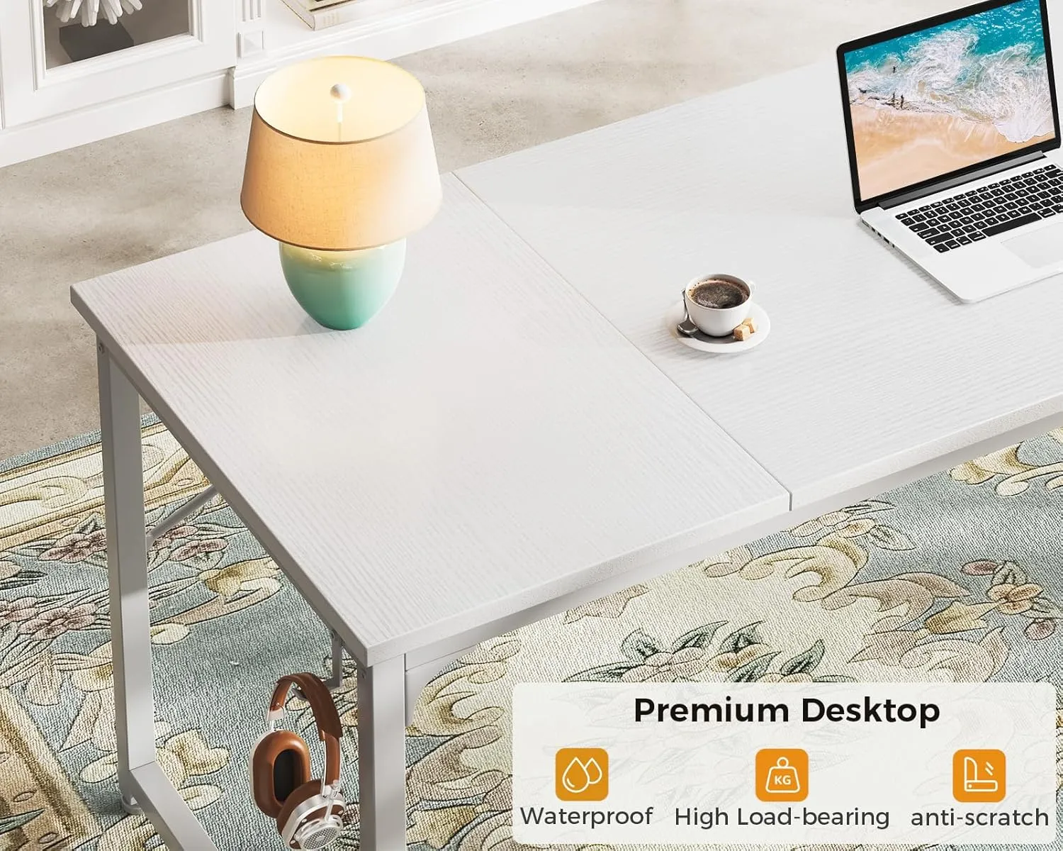ODK Computer Desk Large Office Desk, 63 Inch Gaming Desk with Storage, Modern PC Work Table with Headphone Hook for Home Office, Splice Board, White   White Leg
