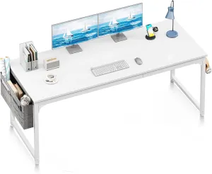ODK Computer Desk Large Office Desk, 63 Inch Gaming Desk with Storage, Modern PC Work Table with Headphone Hook for Home Office, Splice Board, White   White Leg