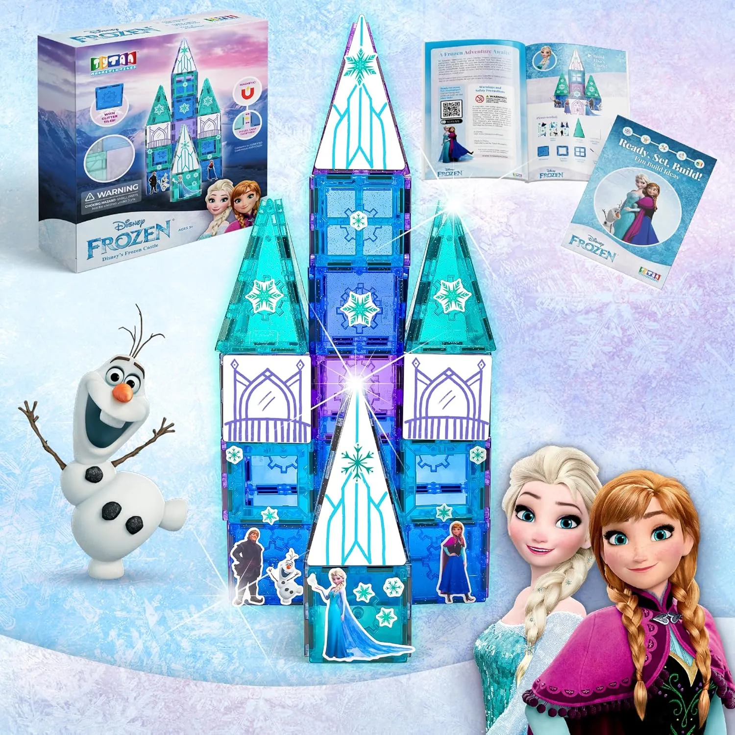 Official Disney Frozen Castle Magnetic Tile Set – 68-Piece STEM & STEAM Building Set with Carry Bag, Learning Workbook & Reusable Frozen Stickers – Educational Toy for Kids