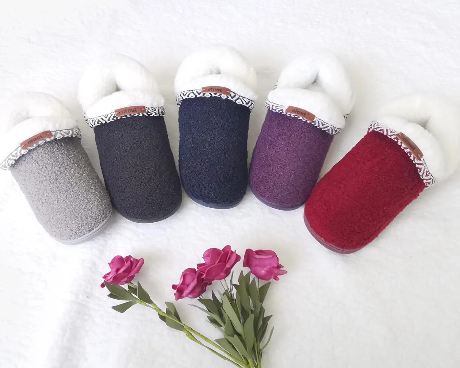 ofoot Women's Warm Fuzzy House Slippers with Back,Faux Fur Bedroom Shoes Soft Thick Memory Foam Plush Lining Indoor Outdoor Non Slip Rubber Soles