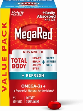 Omega-3 Blend Total Body   Refresh 500mg Softgels, MegaRed (65 count in a bottle), Easily Absorbed Krill Oil, To Support Your Heart, Joints, Brain & Eyes