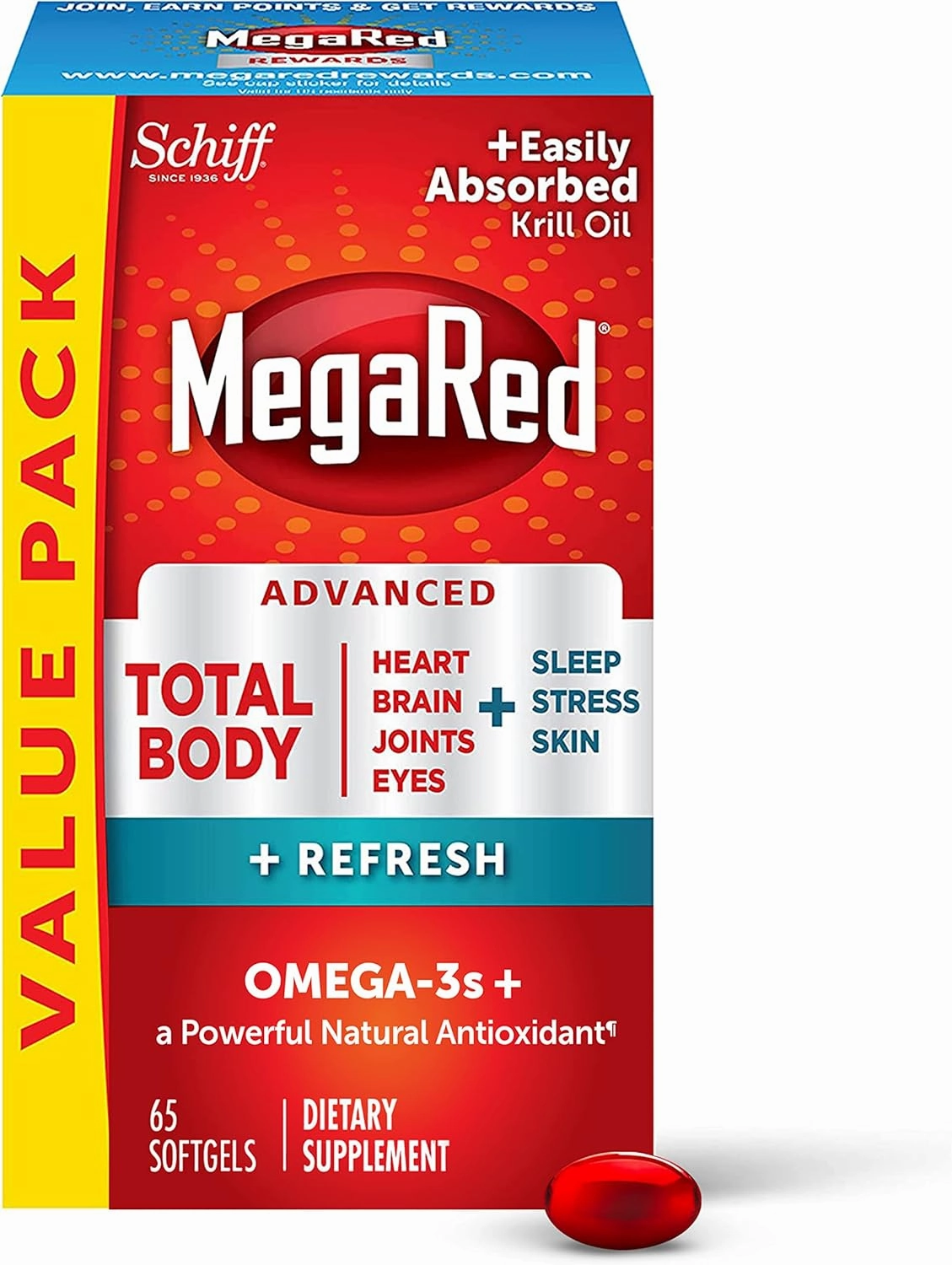 Omega-3 Blend Total Body   Refresh 500mg Softgels, MegaRed (65 count in a bottle), Easily Absorbed Krill Oil, To Support Your Heart, Joints, Brain & Eyes