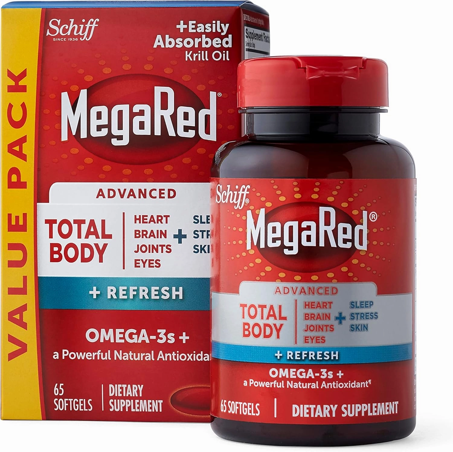 Omega-3 Blend Total Body   Refresh 500mg Softgels, MegaRed (65 count in a bottle), Easily Absorbed Krill Oil, To Support Your Heart, Joints, Brain & Eyes