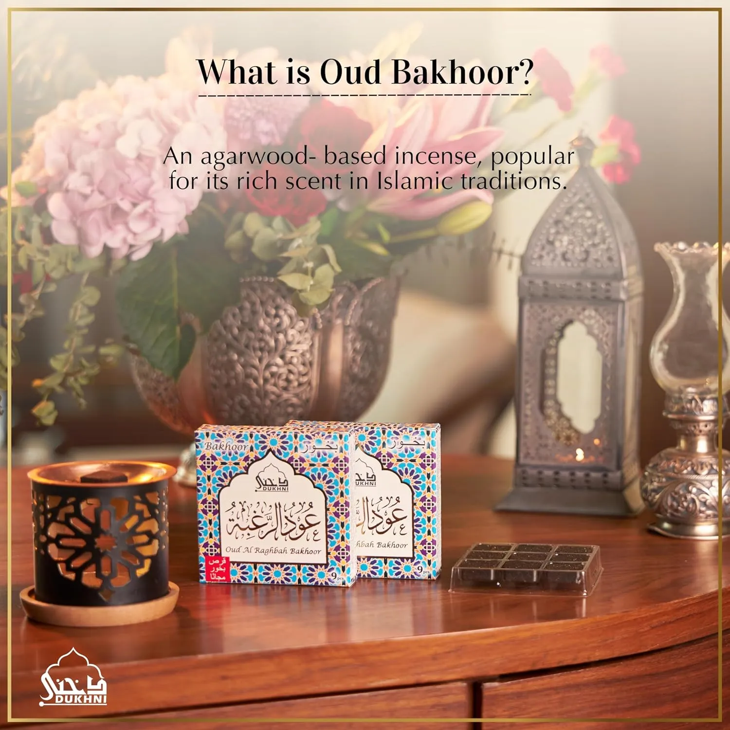 Oud Al Raghbah Bakhoor Set by Dukhni | 2 x 9 Piece Each & Oriental Bakhoor Burner | Arabic Bakhoor Incense | Zesty Woody Oud Blend| Perfect for Prayer Time | to Relax & Meditate