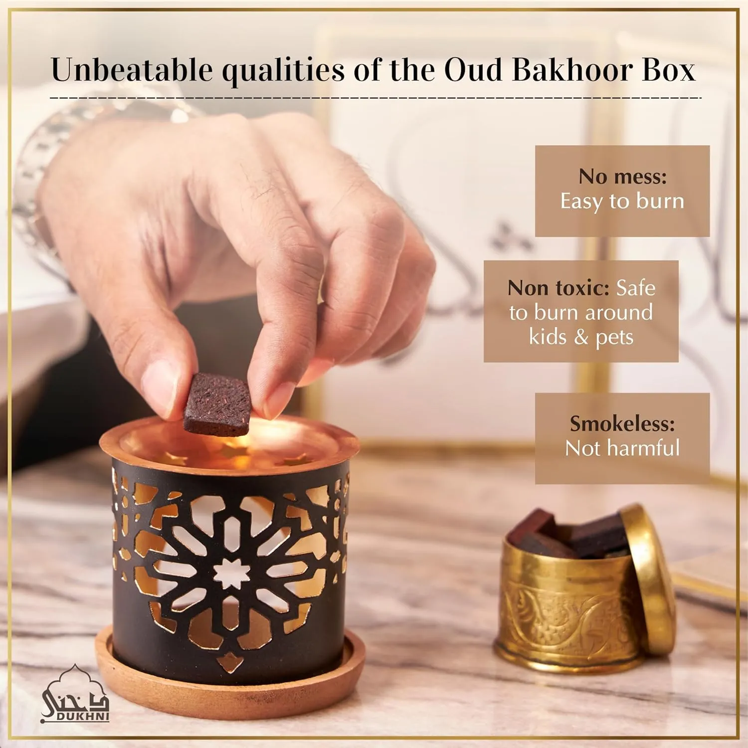 Oud Al Raghbah Bakhoor Set by Dukhni | 2 x 9 Piece Each & Oriental Bakhoor Burner | Arabic Bakhoor Incense | Zesty Woody Oud Blend| Perfect for Prayer Time | to Relax & Meditate