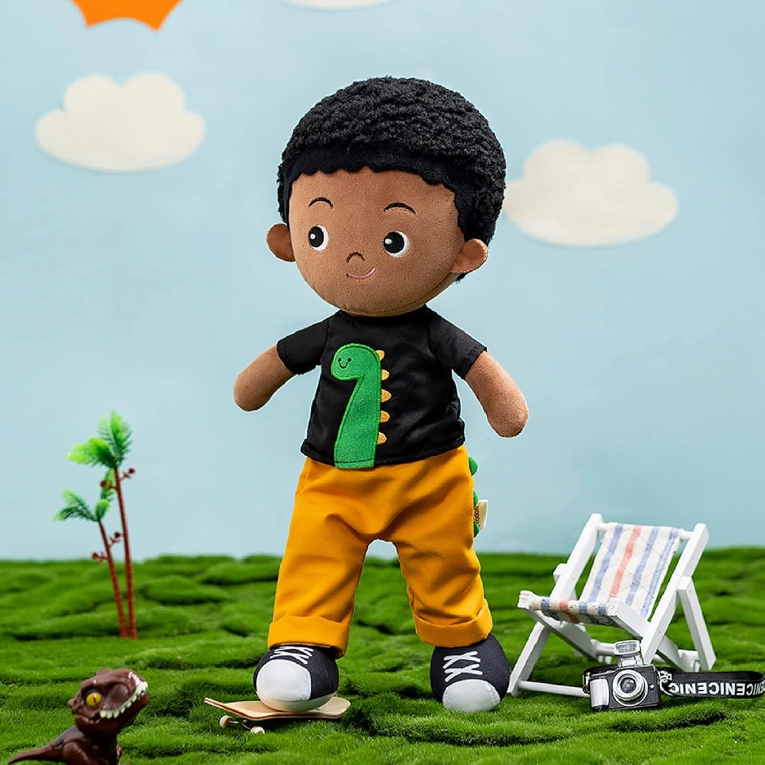 OUOZZZ 13" Soft Baby Doll for Boys Girls - First Baby Doll African American Rag Doll Sleeping Cuddle Buddy Doll Dinosaur Plush Toy for Kids