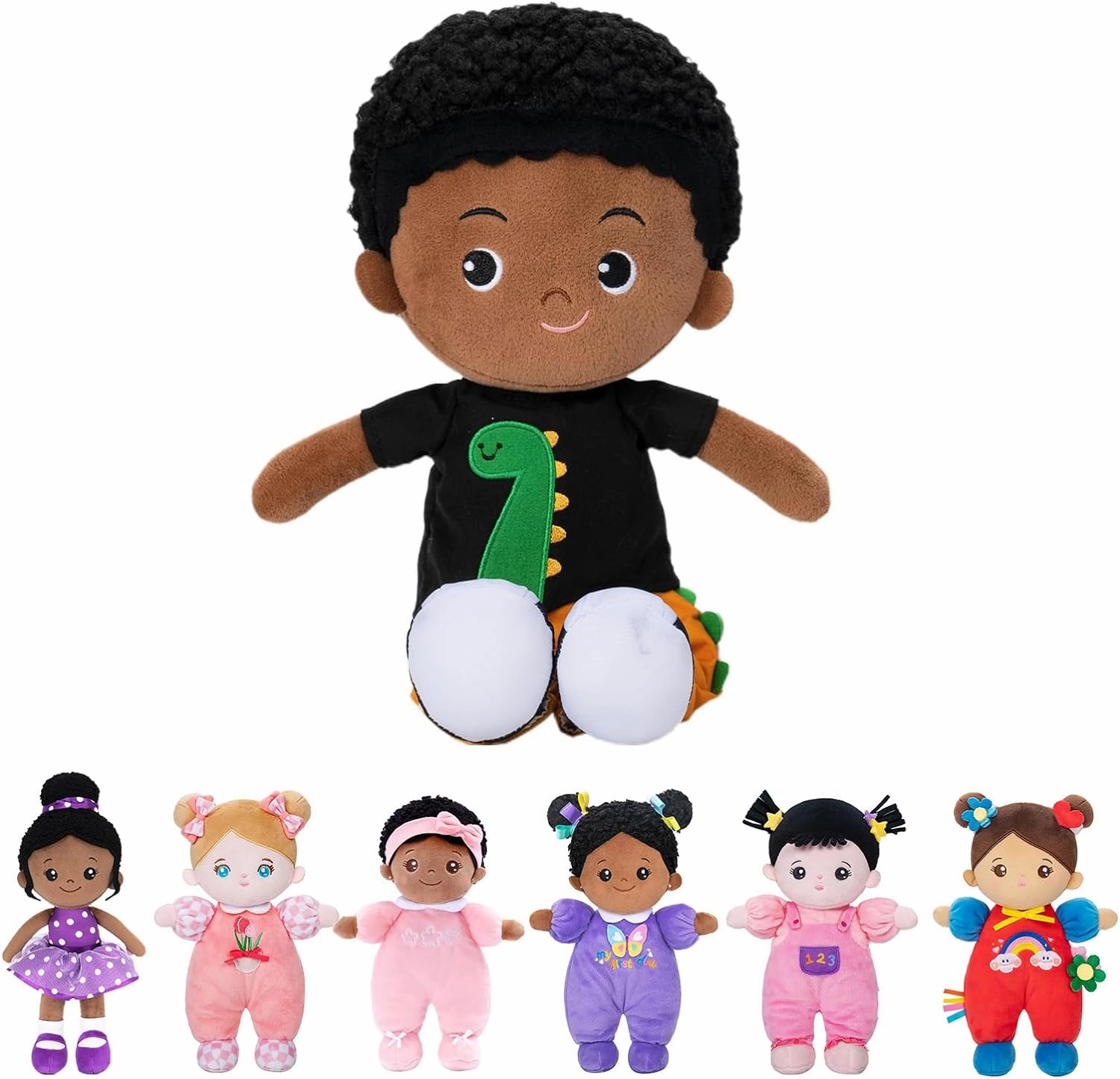 OUOZZZ 13" Soft Baby Doll for Boys Girls - First Baby Doll African American Rag Doll Sleeping Cuddle Buddy Doll Dinosaur Plush Toy for Kids