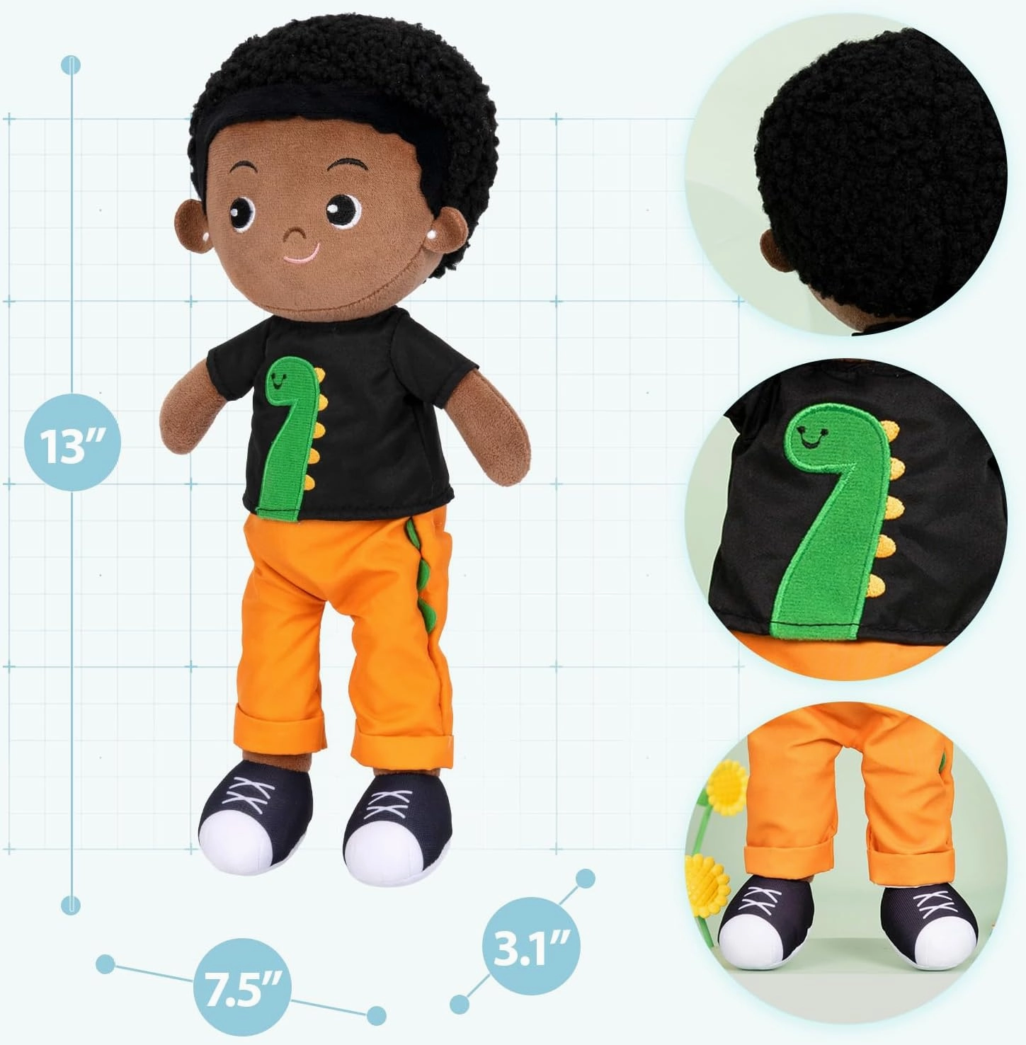 OUOZZZ 13" Soft Baby Doll for Boys Girls - First Baby Doll African American Rag Doll Sleeping Cuddle Buddy Doll Dinosaur Plush Toy for Kids